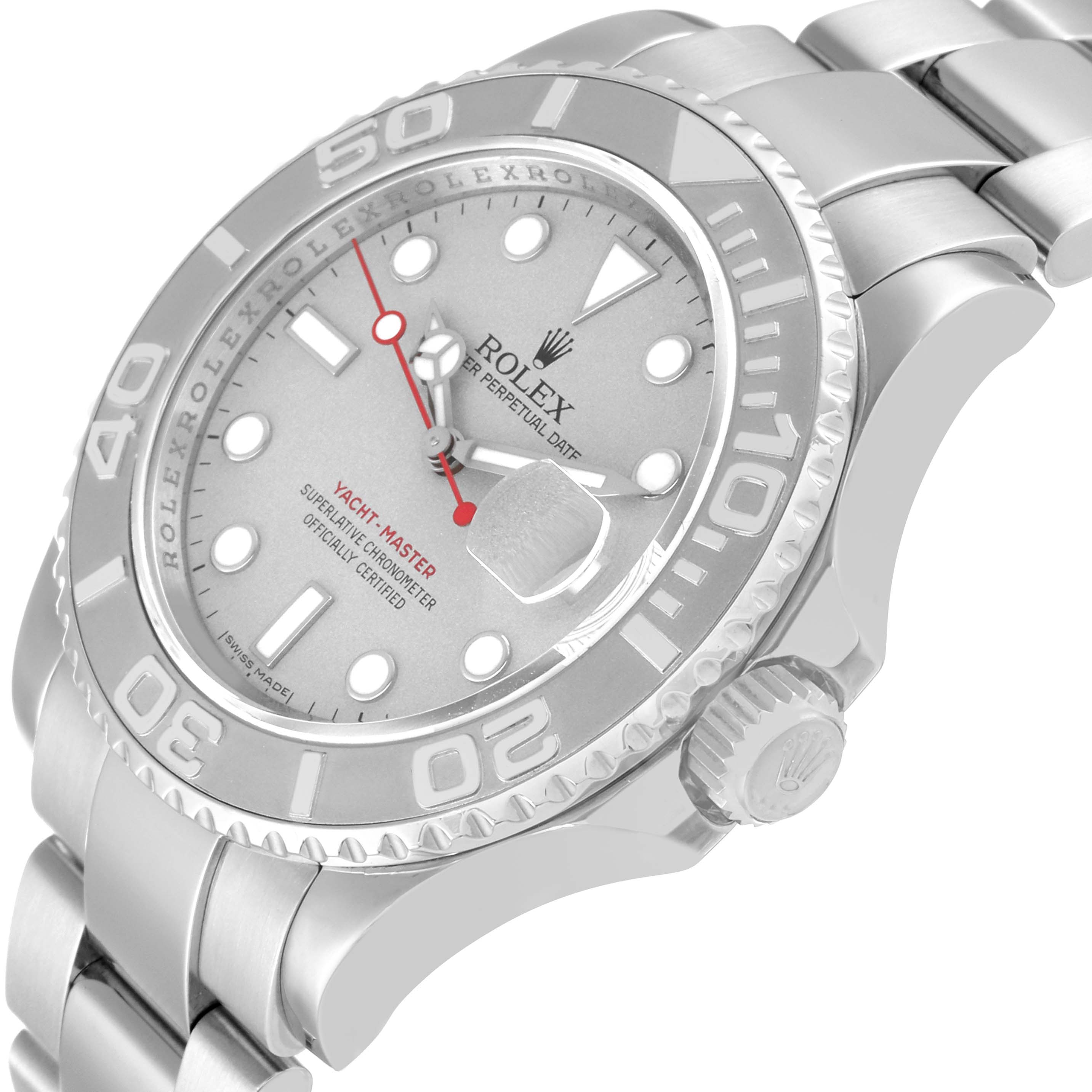 The image shows a Rolex Yacht-Master 16622 Men's Stainless Steel Silver Dial 16622 Men's Stainless Steel Silver Dial watch from an angled close-up, displaying the dial, bezel, and part of the bracelet.