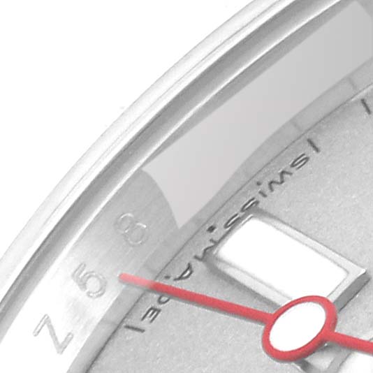 The image shows a close-up angled view of the Yacht-Master model dial by Rolex, focusing on the bezel, hour marker, and red second hand.