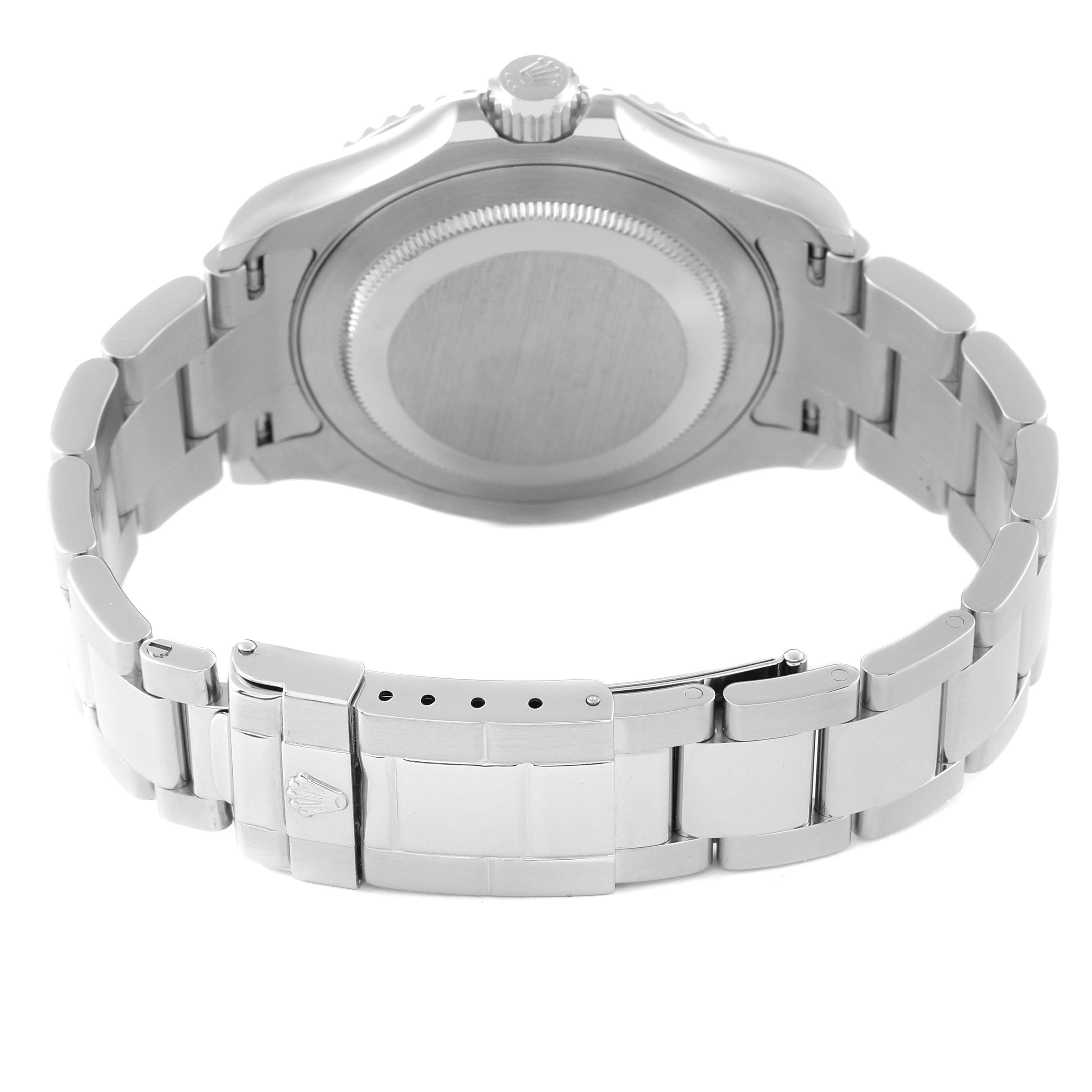 The image shows the backside and bracelet clasp of a Rolex Yacht-Master 16622 Men's Stainless Steel Silver Dial 16622 Men's Stainless Steel Silver Dial watch.