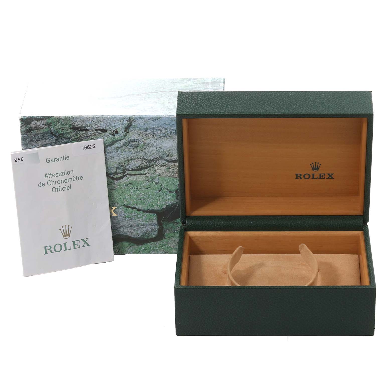 The image shows the open box and warranty card of a Rolex Yacht-Master 16622 Men's Stainless Steel Silver Dial 16622 Men's Stainless Steel Silver Dial watch, with green exterior and beige interior.