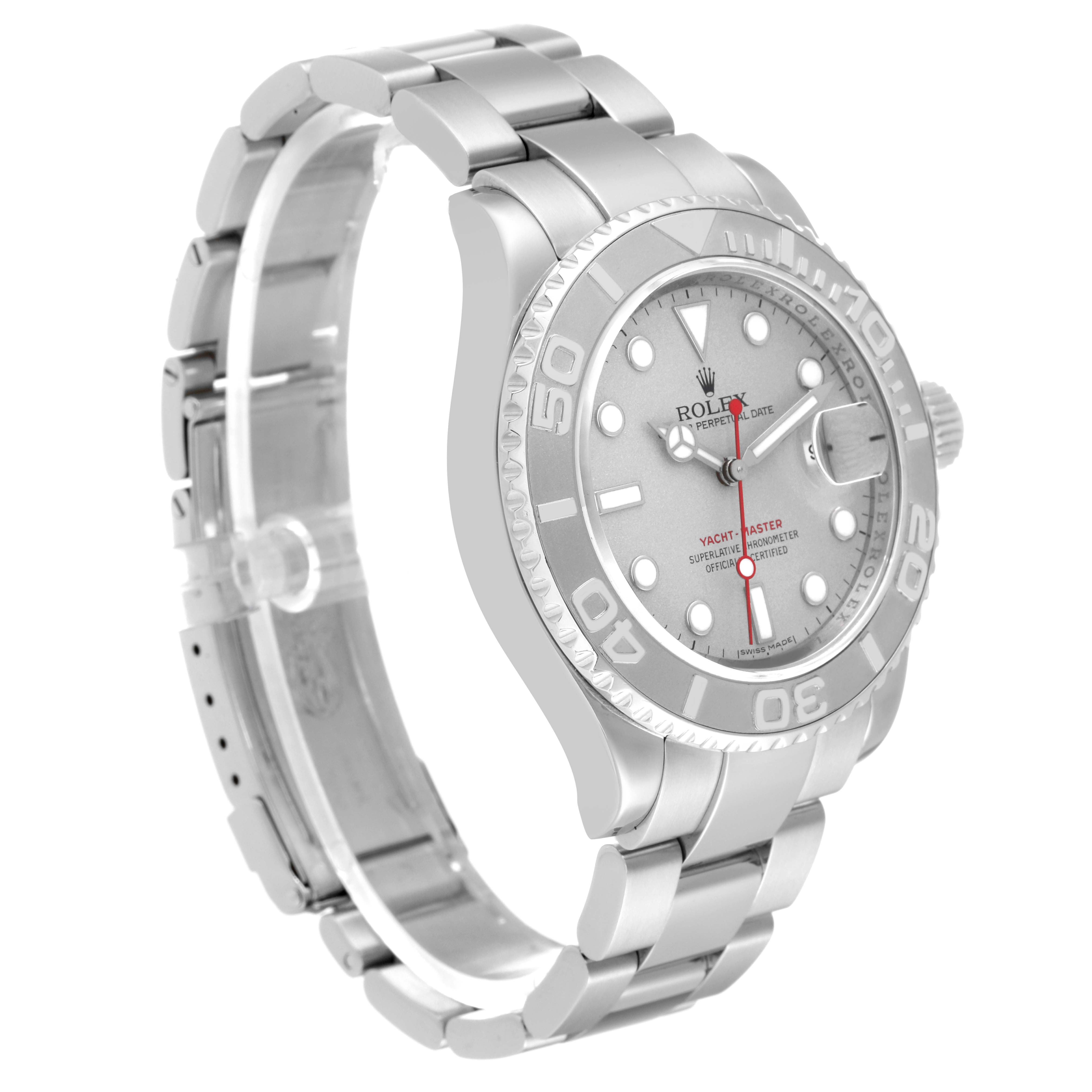 This image shows a Rolex Yacht-Master 16622 Men's Stainless Steel Silver Dial 16622 Men's Stainless Steel Silver Dial watch angled to display the face, bezel, crown, and bracelet.