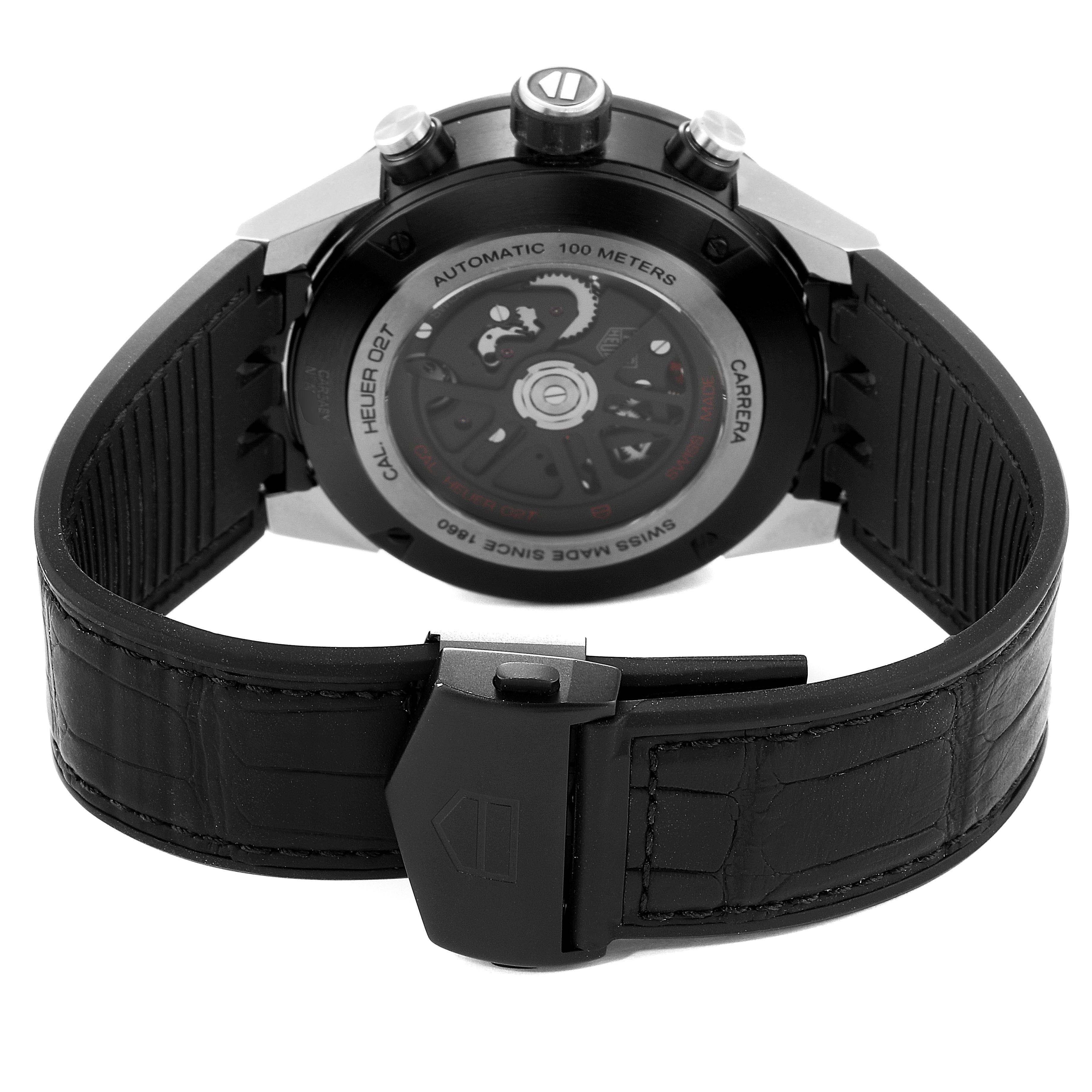This image shows the back view of a Tag Heuer Carrera CAR5A8Y.FC6377 Men
s Titanium Black Dial CAR5A8Y.FC6377 Men
s Titanium Black Dial watch, displaying the automatic movement and strap clasp.
