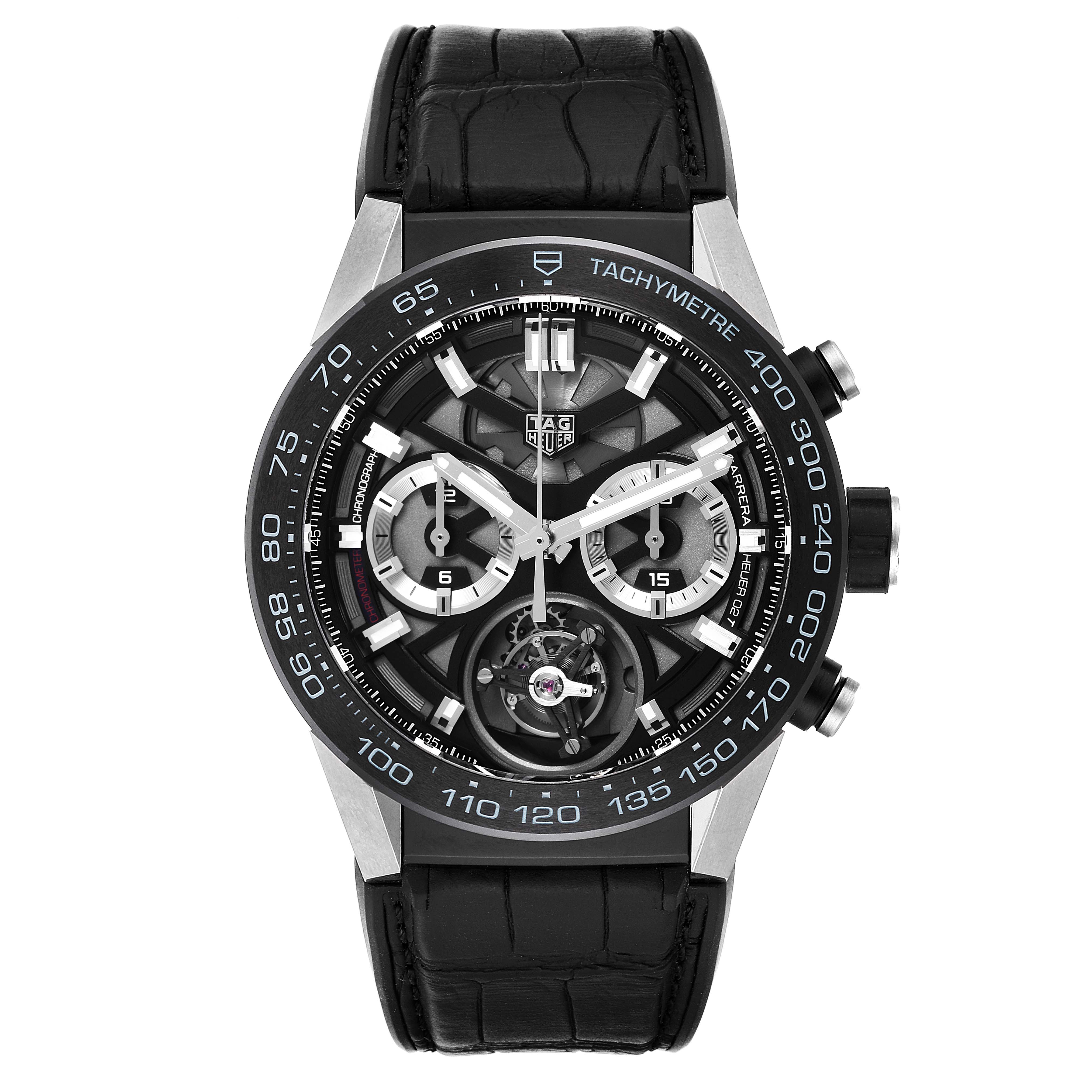 This image shows a Tag Heuer Carrera CAR5A8Y.FC6377 Men
s Titanium Black Dial CAR5A8Y.FC6377 Men
s Titanium Black Dial model watch from the front, highlighting its face, tachymeter bezel, and chronograph subdials.