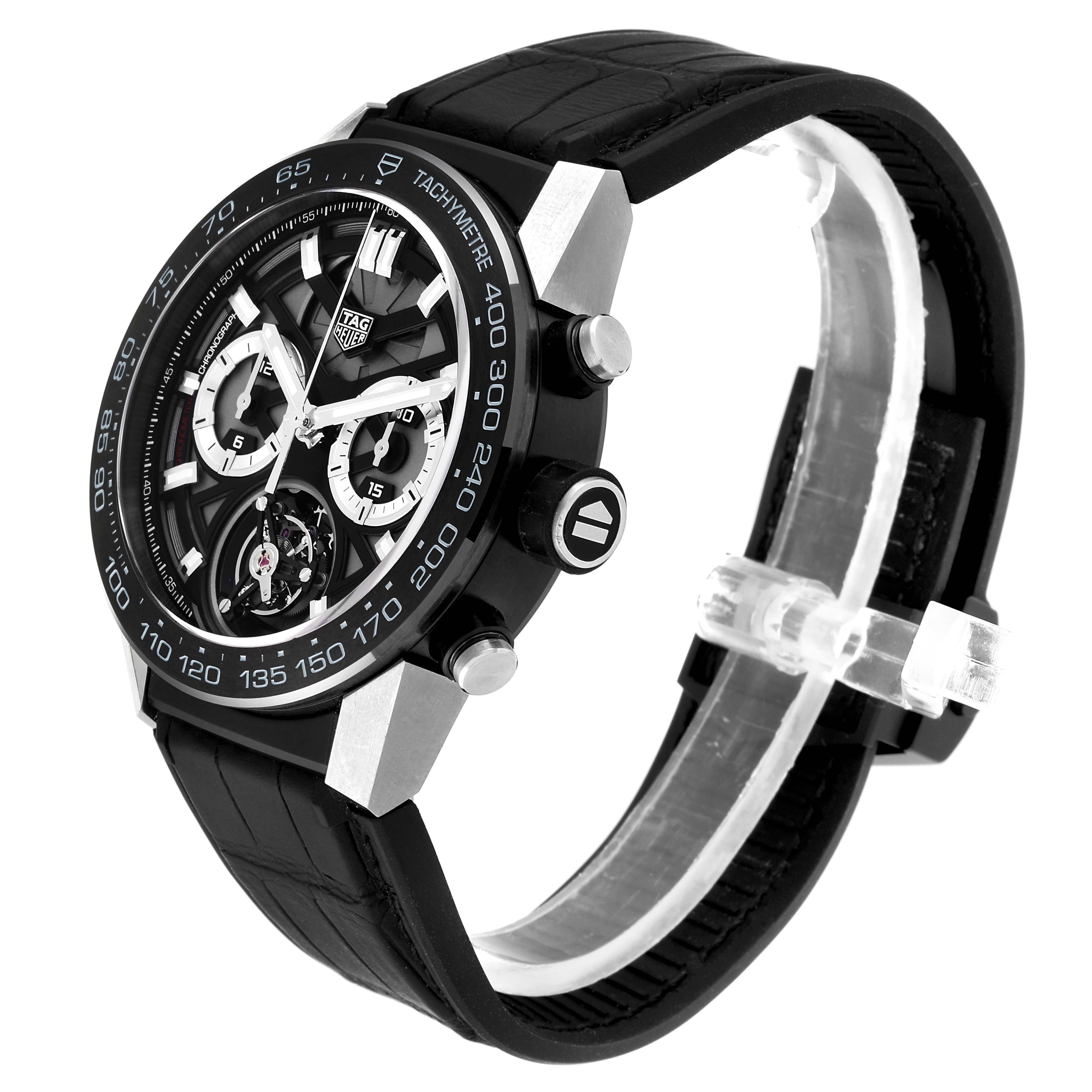 The image shows a side view of the Tag Heuer Carrera CAR5A8Y.FC6377 Men
s Titanium Black Dial CAR5A8Y.FC6377 Men
s Titanium Black Dial watch, highlighting its face, bezel, crown, and strap.