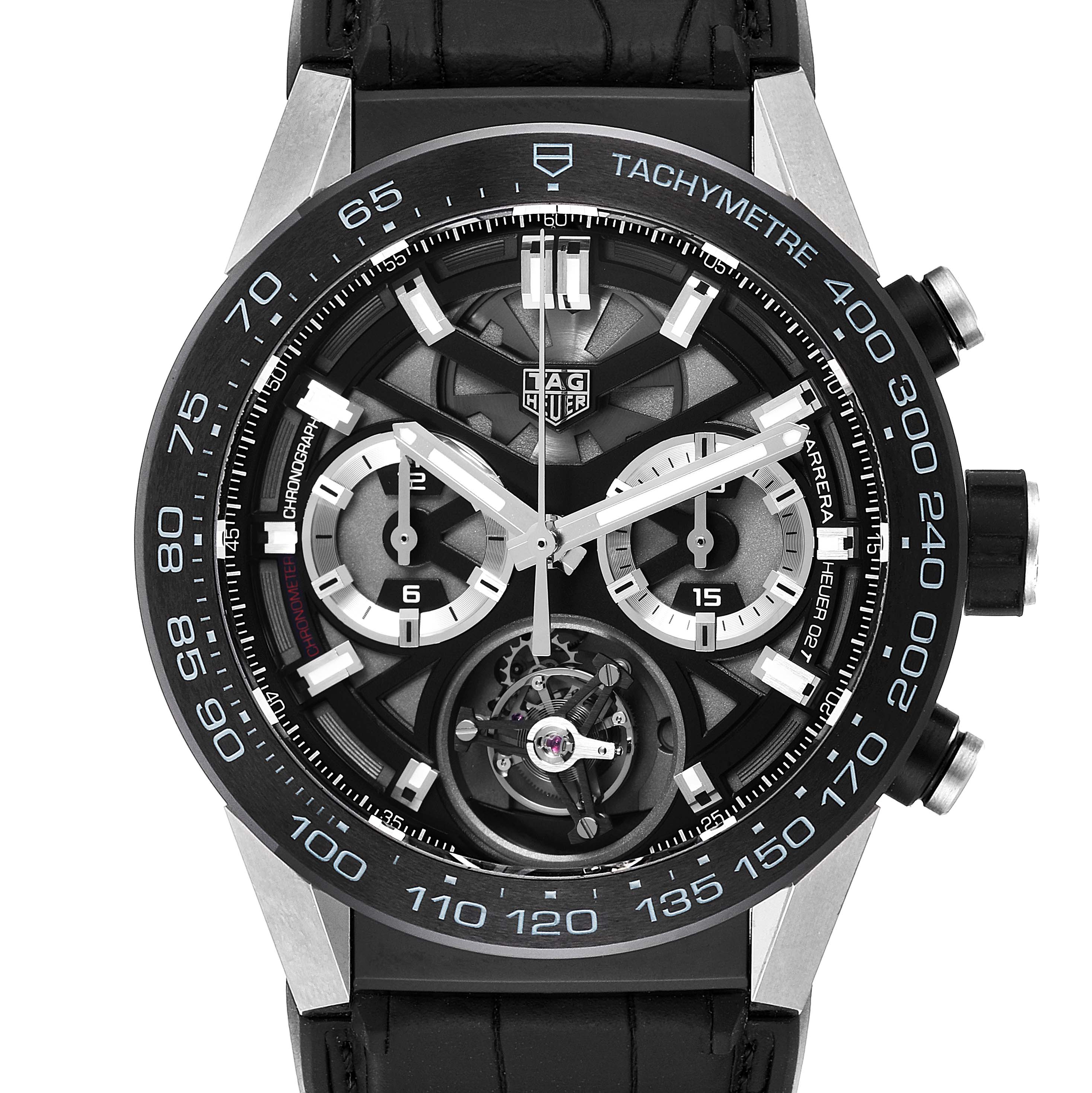 This image shows a frontal view of a Tag Heuer Carrera CAR5A8Y.FC6377 Men
s Titanium Black Dial CAR5A8Y.FC6377 Men
s Titanium Black Dial watch, displaying the dial, tachymeter bezel, and chronograph sub-dials.