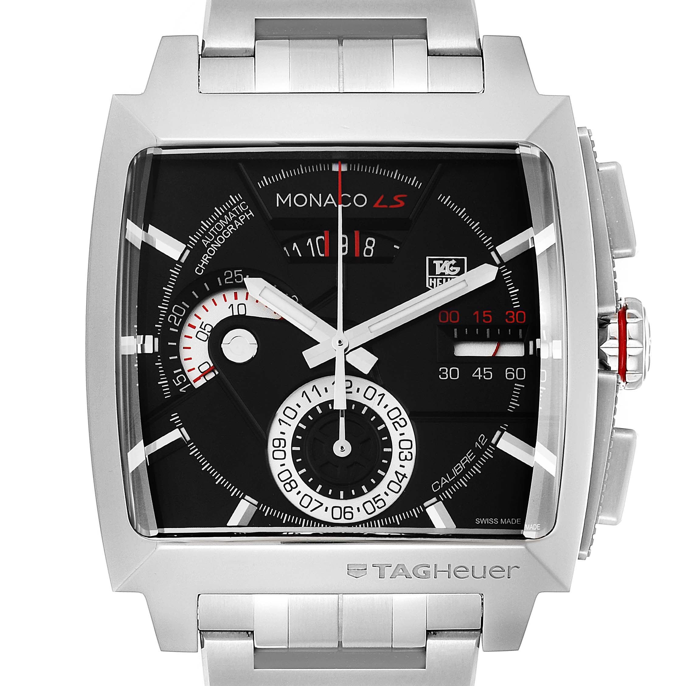 This is a front view of a Tag Heuer Monaco CAL2110.BA0781 Men's Stainless Steel Black Dial CAL2110.BA0781 Men's Stainless Steel Black Dial watch, showcasing its face, dial, and part of the metal bracelet.