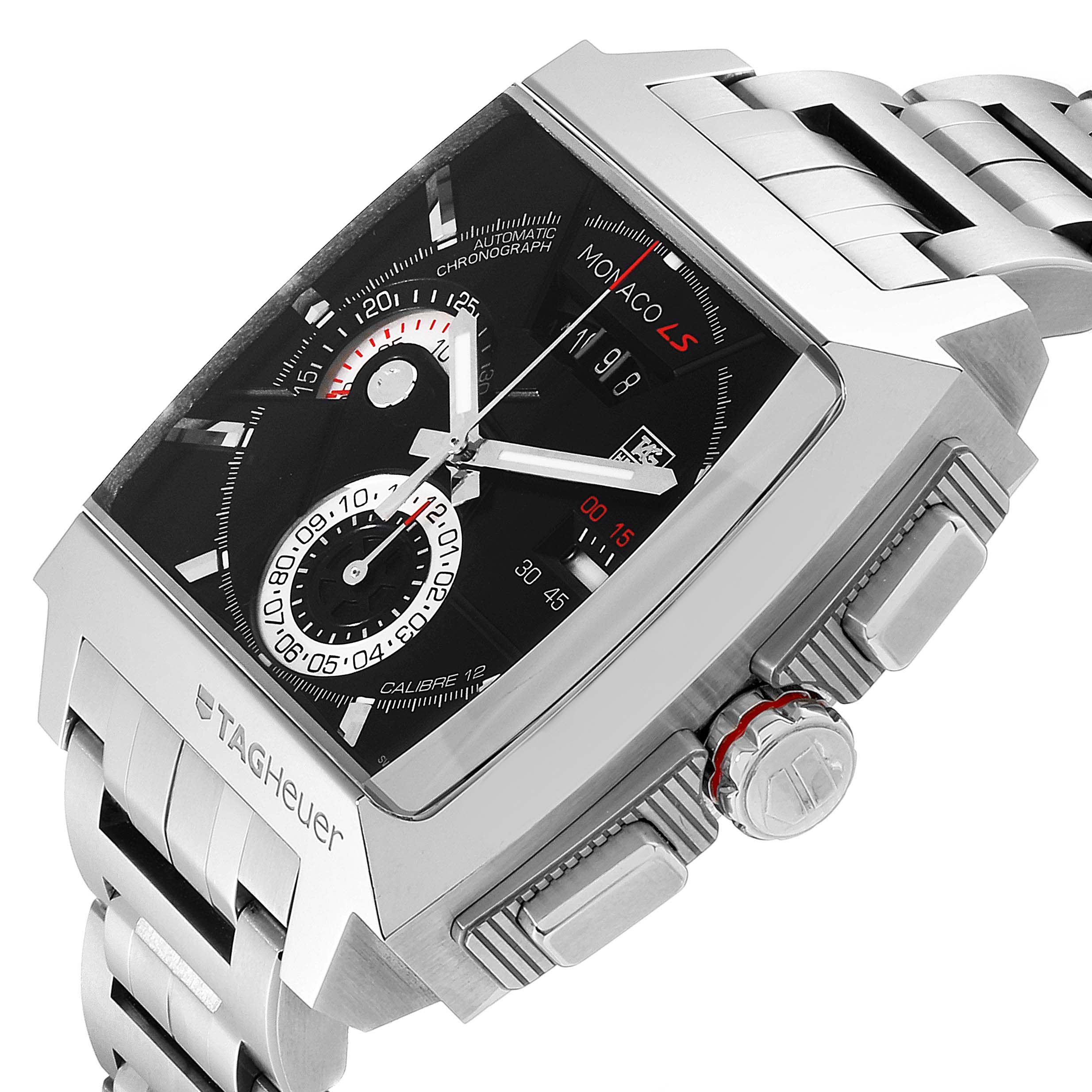 The image shows a Tag Heuer Monaco CAL2110.BA0781 Men's Stainless Steel Black Dial CAL2110.BA0781 Men's Stainless Steel Black Dial watch from an angled top view, revealing its face, side buttons, and metal bracelet.