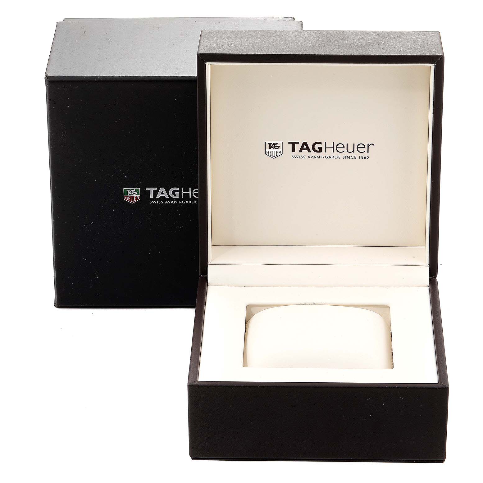 The image shows an open luxury gift box for a Tag Heuer Monaco CAL2110.BA0781 Men's Stainless Steel Black Dial CAL2110.BA0781 Men's Stainless Steel Black Dial watch, with the Tag Heuer logo visible inside the box.
