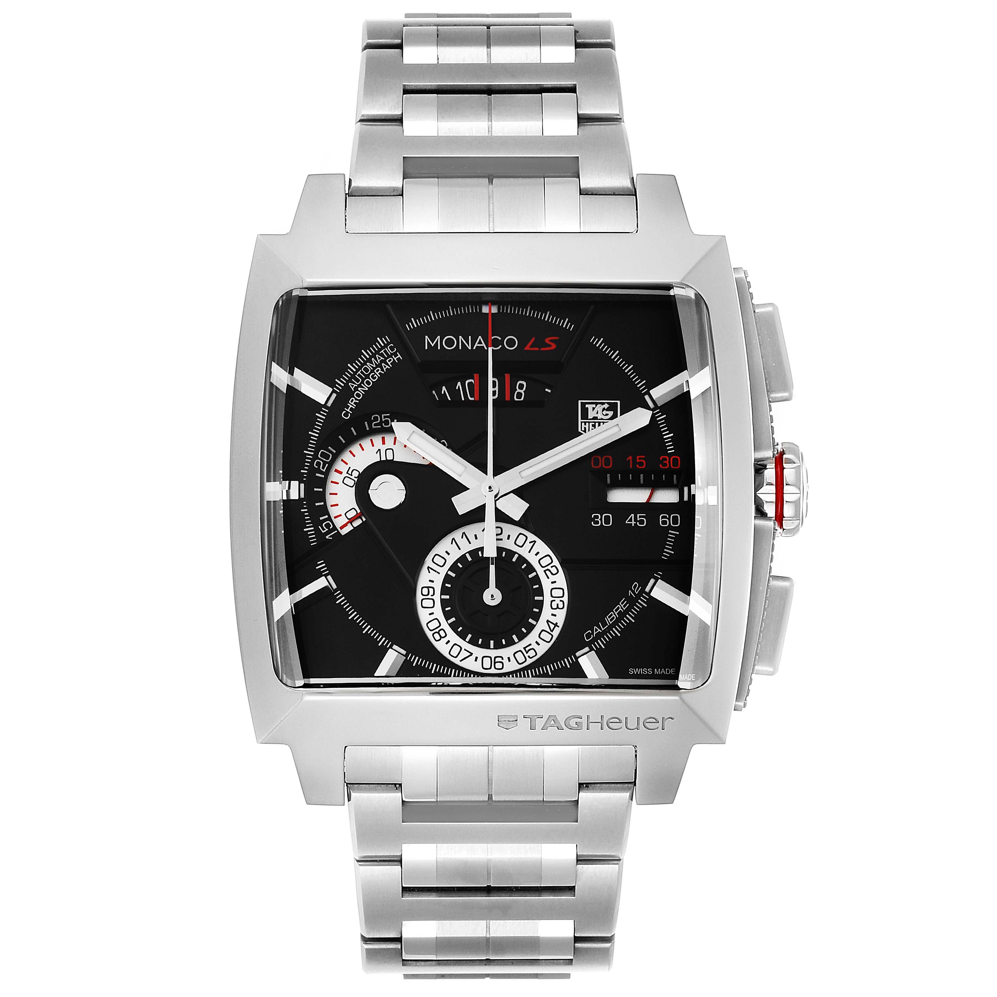 The Tag Heuer Monaco CAL2110.BA0781 Men's Stainless Steel Black Dial CAL2110.BA0781 Men's Stainless Steel Black Dial model watch is displayed from a straight-on angle, showing its face and bracelet.