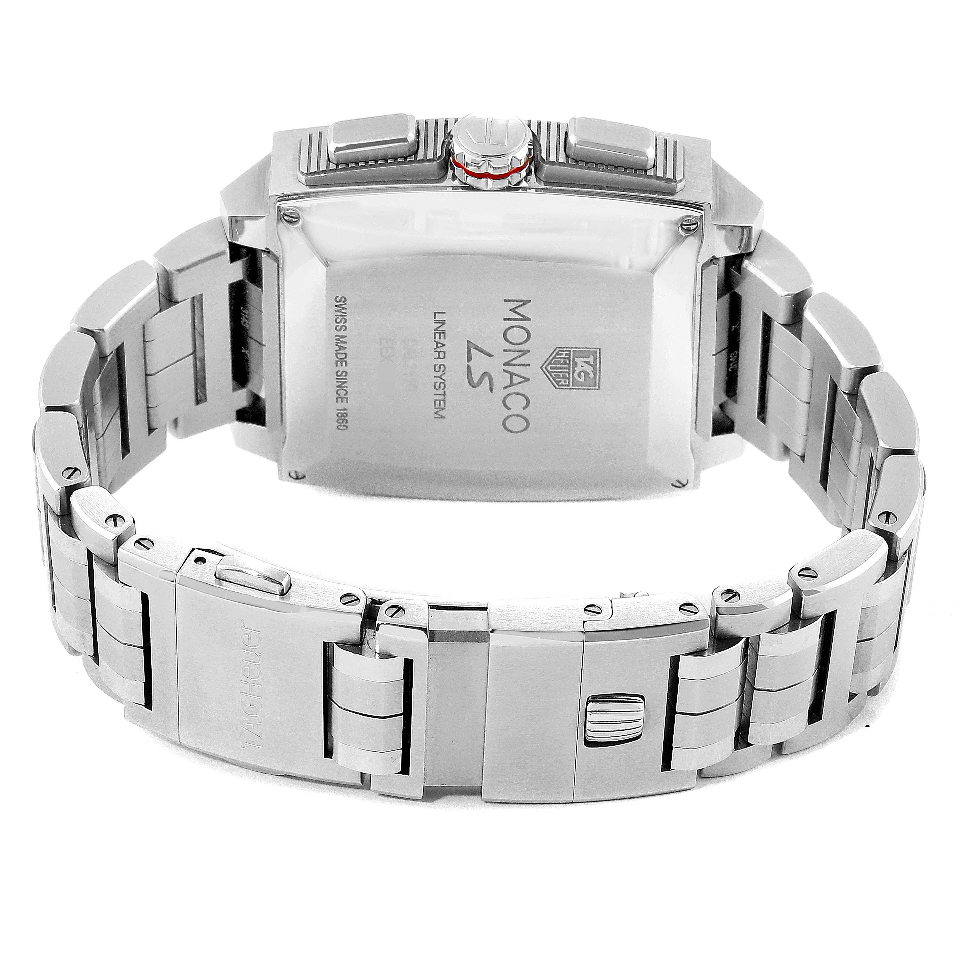 The image shows the back and bracelet of the Tag Heuer Monaco CAL2110.BA0781 Men's Stainless Steel Black Dial CAL2110.BA0781 Men's Stainless Steel Black Dial watch, highlighting the clasp and case back.