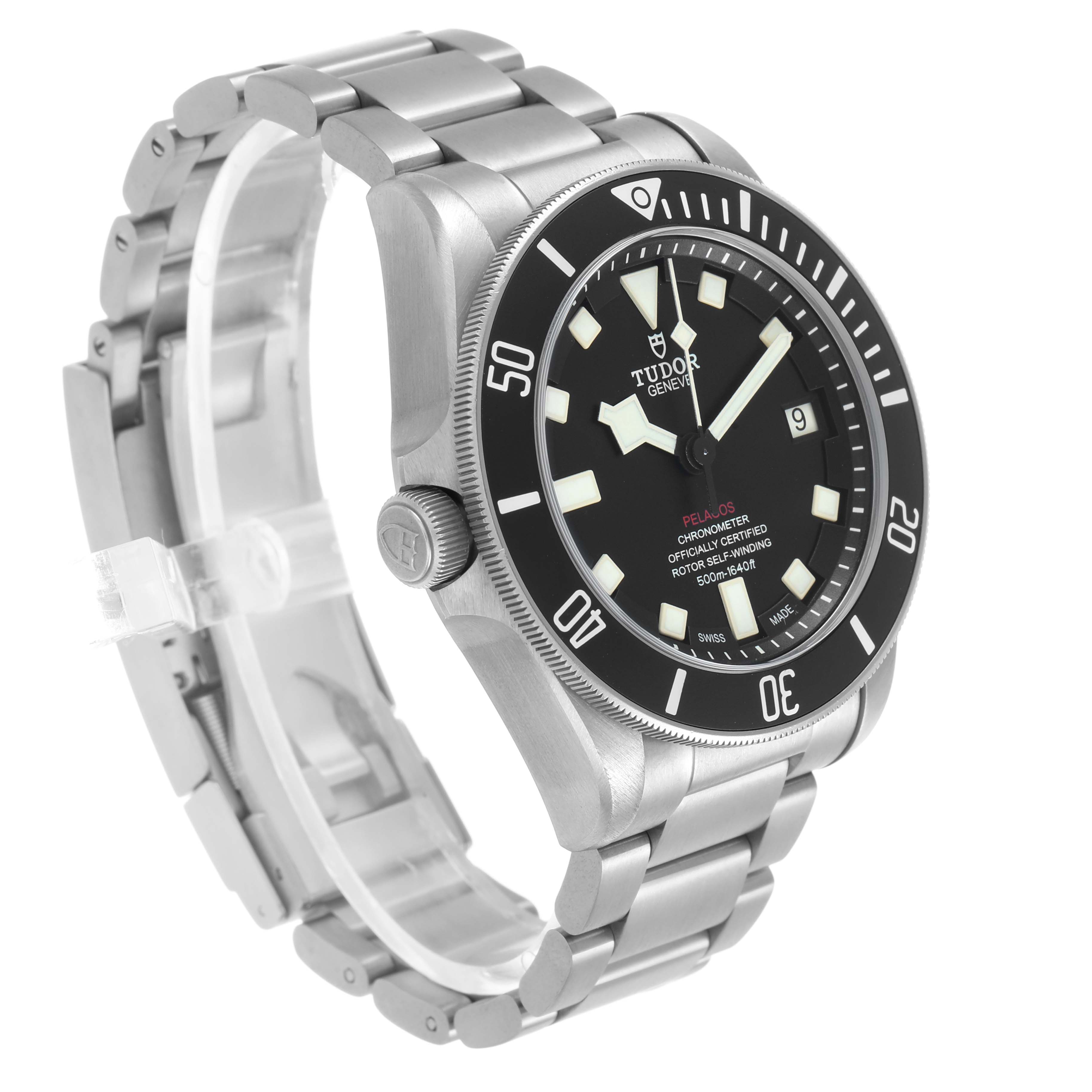 The Tudor Pelagos M25610TNL-0001 Men's Titanium Black Dial watch is shown at an angled side view, highlighting the face, bezel, case, and bracelet.
