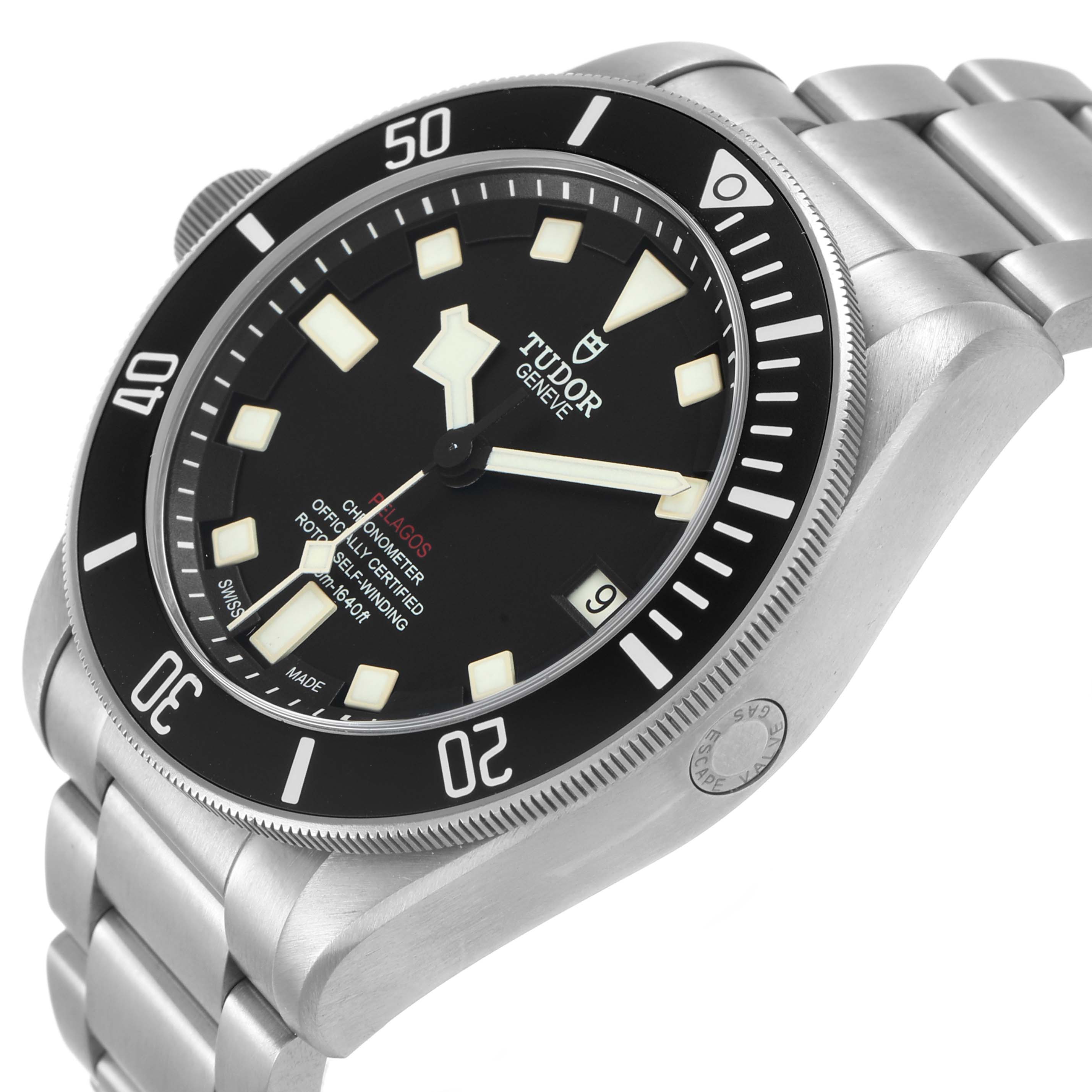 The Tudor Pelagos M25610TNL-0001 Men's Titanium Black Dial watch is shown at a slight angle, displaying the face, bezel, crown, and part of the bracelet.