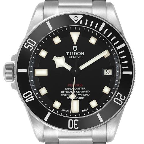 The Tudor Pelagos M25610TNL-0001 Men's Titanium Black Dial watch is shown from the front, displaying the dial, bezel, and stainless steel bracelet.