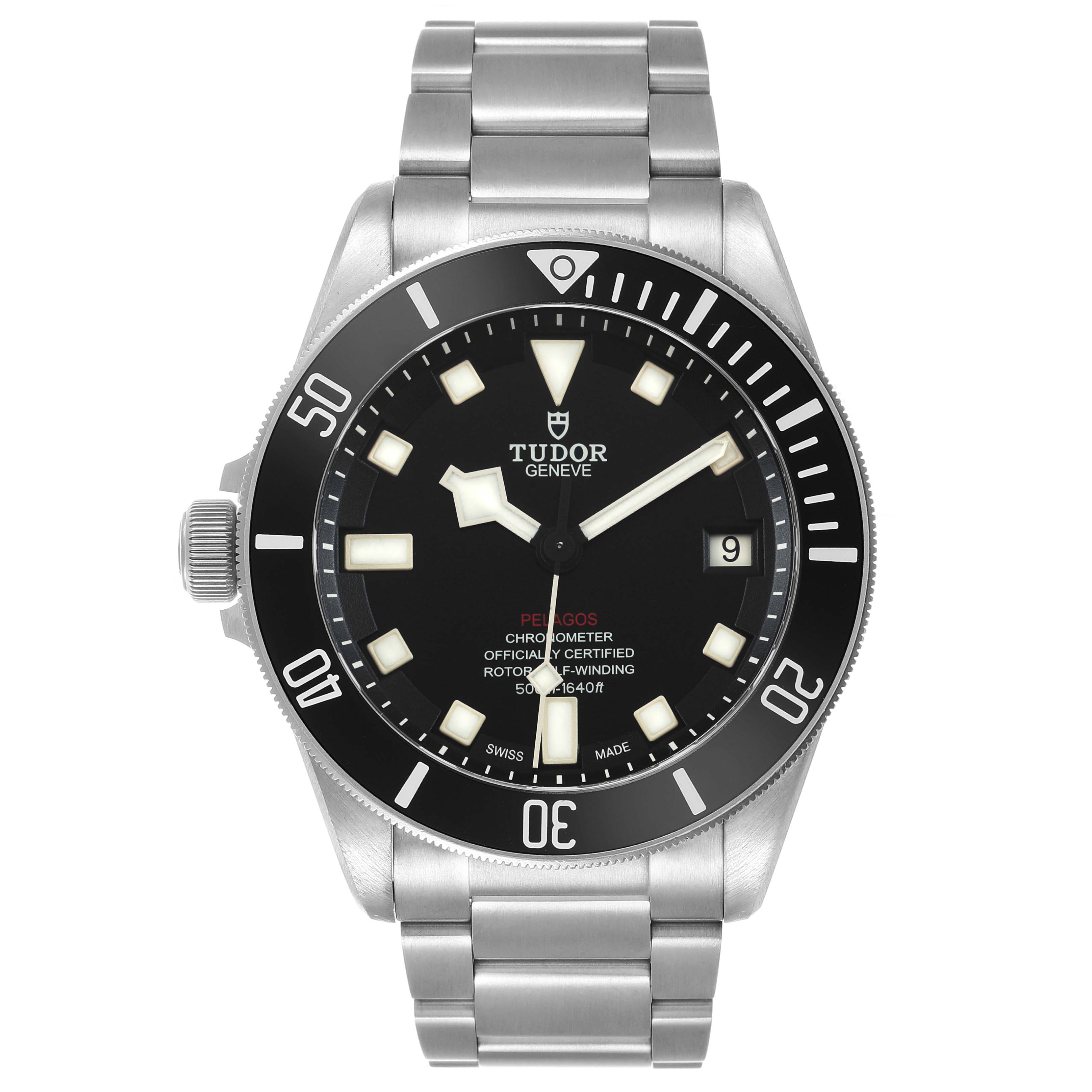The Tudor Pelagos M25610TNL-0001 Men's Titanium Black Dial watch is shown from the front, highlighting the dial, bezel, and bracelet.