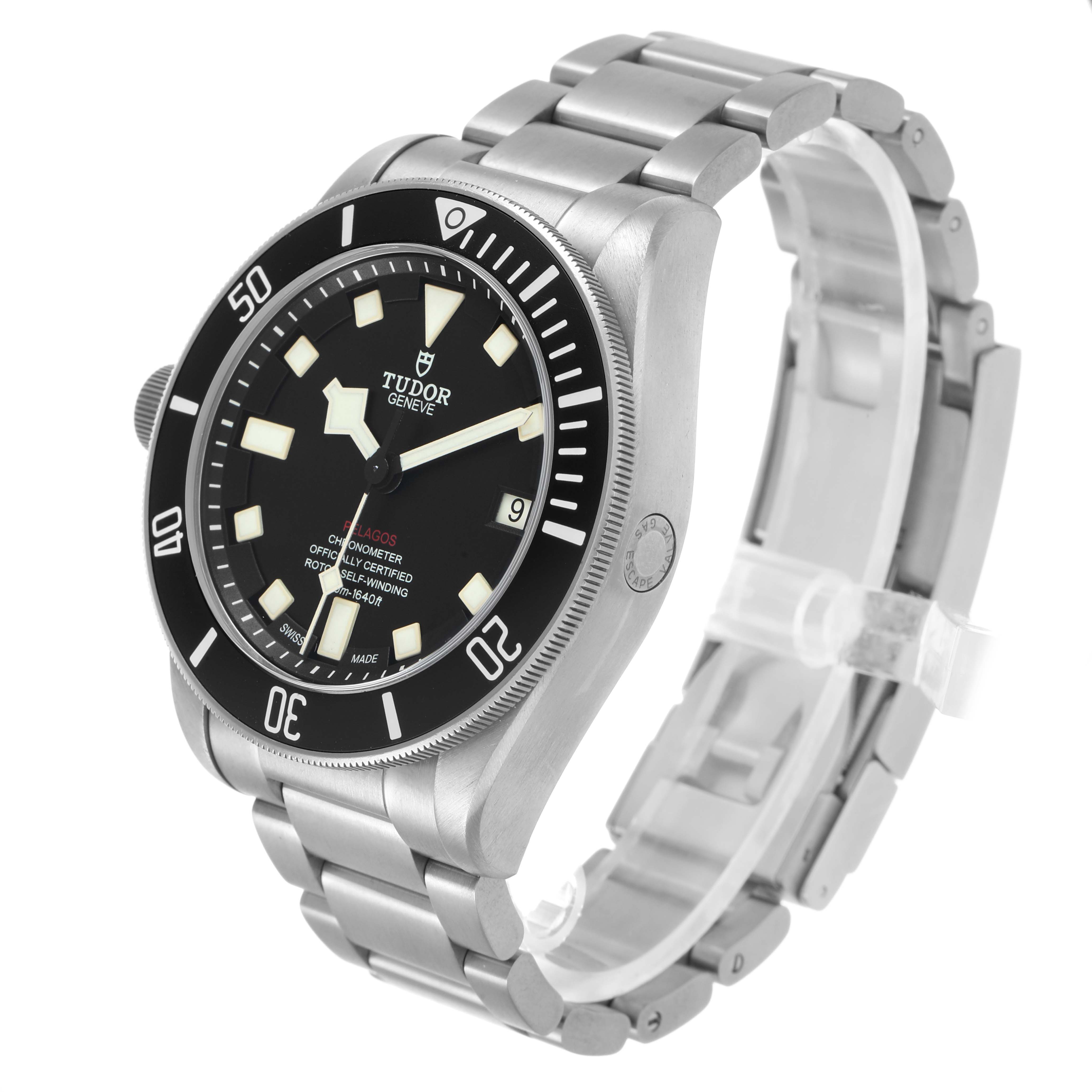 The Tudor Pelagos M25610TNL-0001 Men's Titanium Black Dial watch is shown at a three-quarter angle, highlighting the face, bezel, case, and metal bracelet.