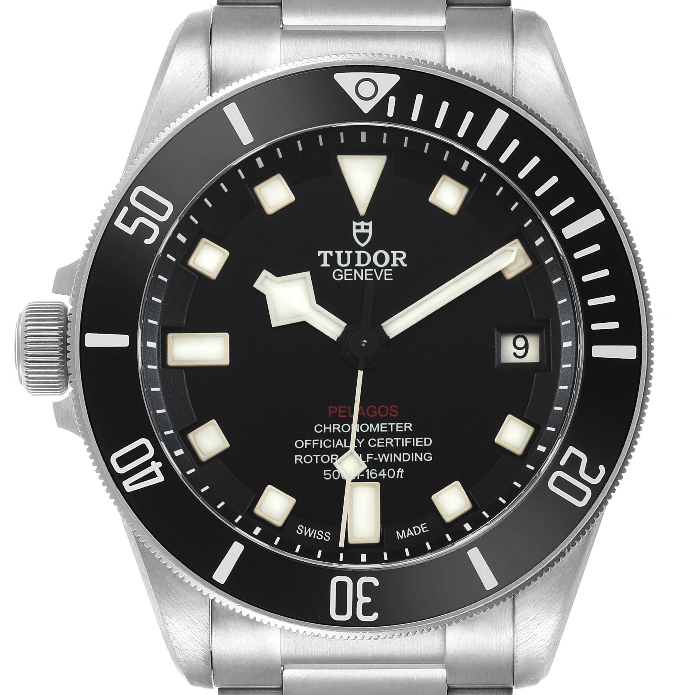 The Tudor Pelagos M25610TNL-0001 Men's Titanium Black Dial watch is shown from the front, showcasing the dial, bezel, and crown.