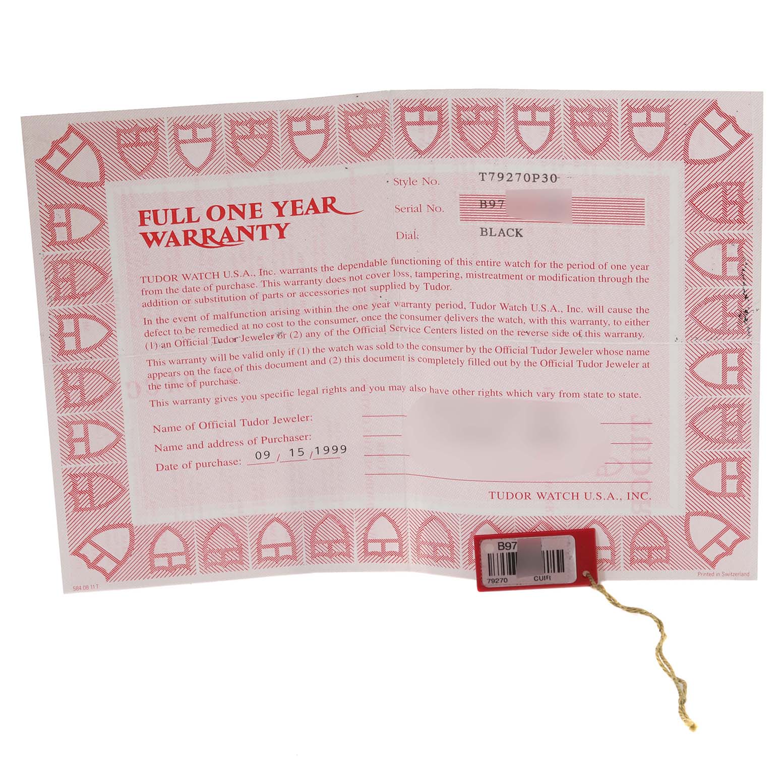 The image shows a warranty card and tag for the Tudor Prince model watch.