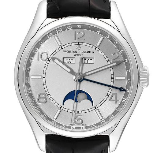 This image shows a front view of the Vacheron Constantin Fiftysix watch, highlighting its dial, hands, date, and moon phase complications.