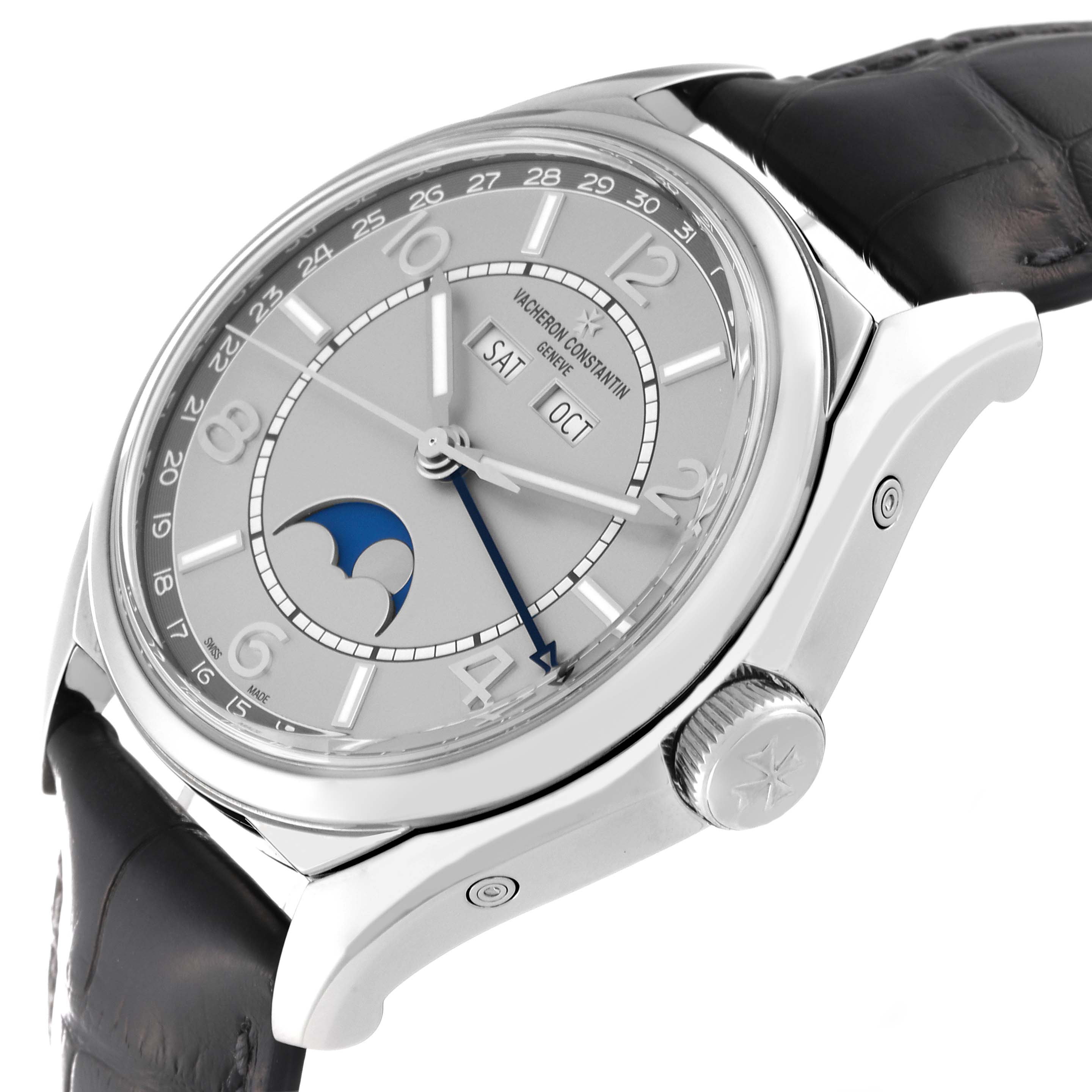 This Vacheron Constantin Fiftysix 4000E/000A-B439 Men's Stainless Steel Silver Dial 4000E/000A-B439 Men's Stainless Steel Silver Dial watch is shown at a slight angle, highlighting its dial, moon phase, date indicators, and crown.