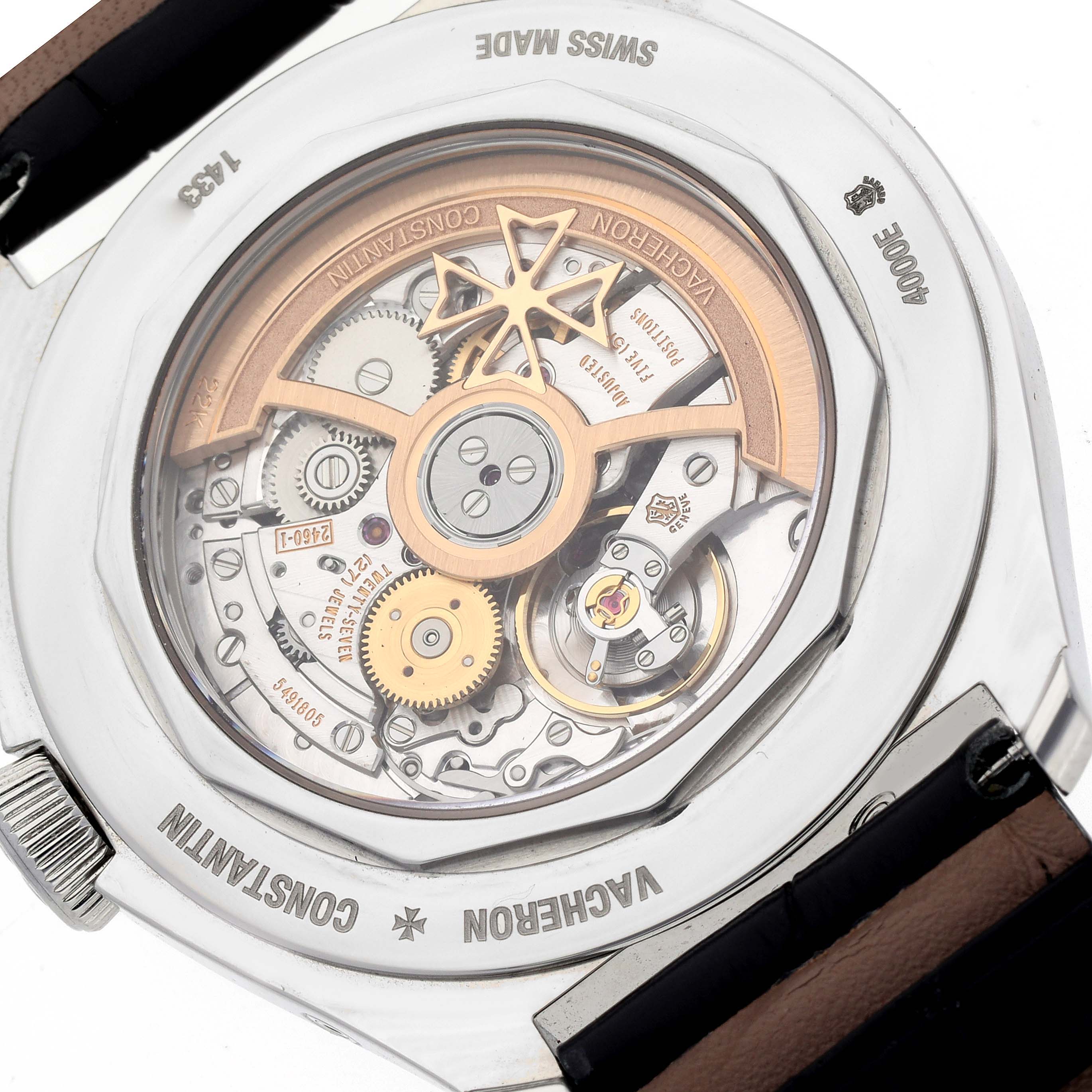 The image shows the back of a Vacheron Constantin Fiftysix 4000E/000A-B439 Men's Stainless Steel Silver Dial 4000E/000A-B439 Men's Stainless Steel Silver Dial watch, highlighting the intricate movement and inner mechanisms.