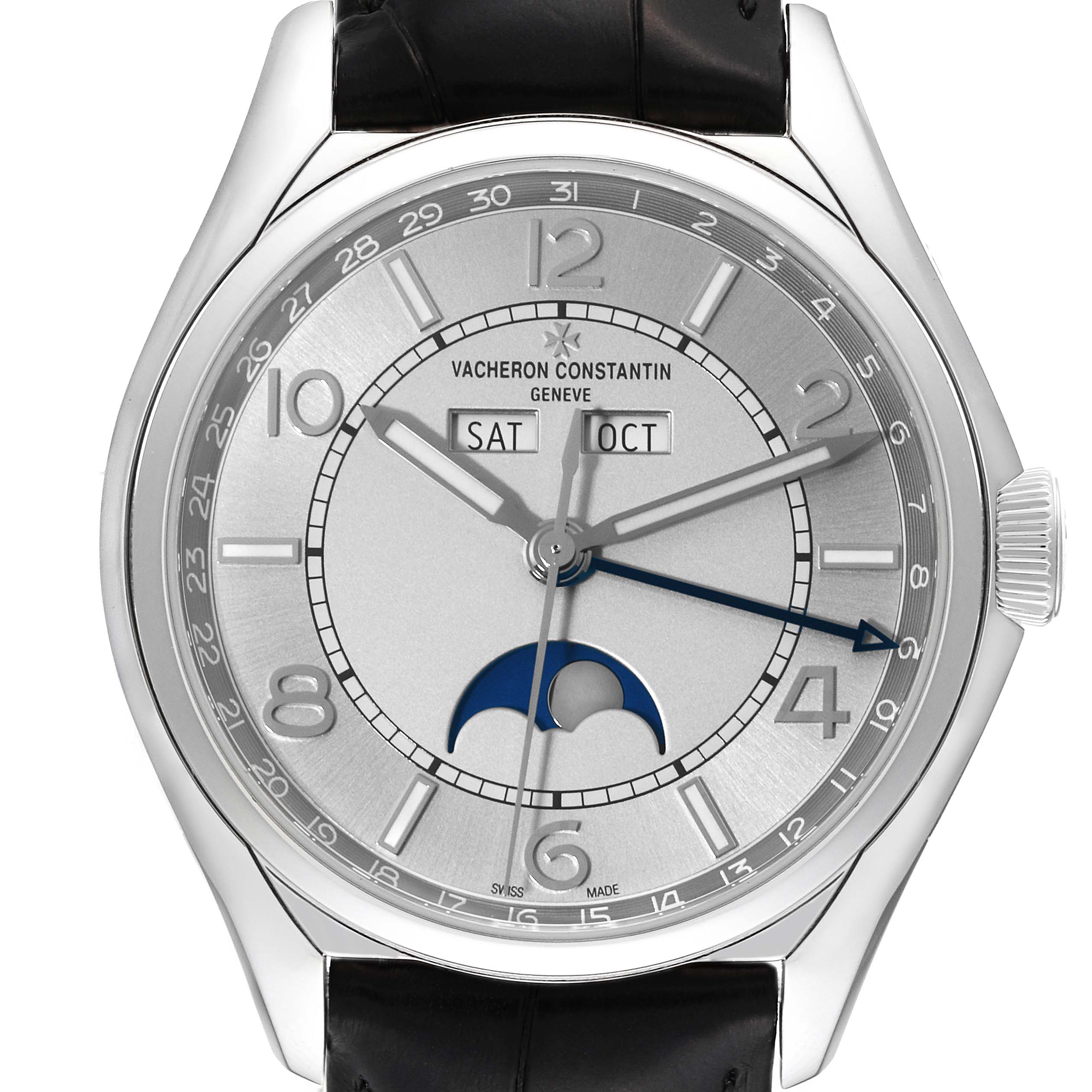 This image shows a front view of the Vacheron Constantin Fiftysix 4000E/000A-B439 Men's Stainless Steel Silver Dial 4000E/000A-B439 Men's Stainless Steel Silver Dial watch, highlighting the dial and moon phase complication.