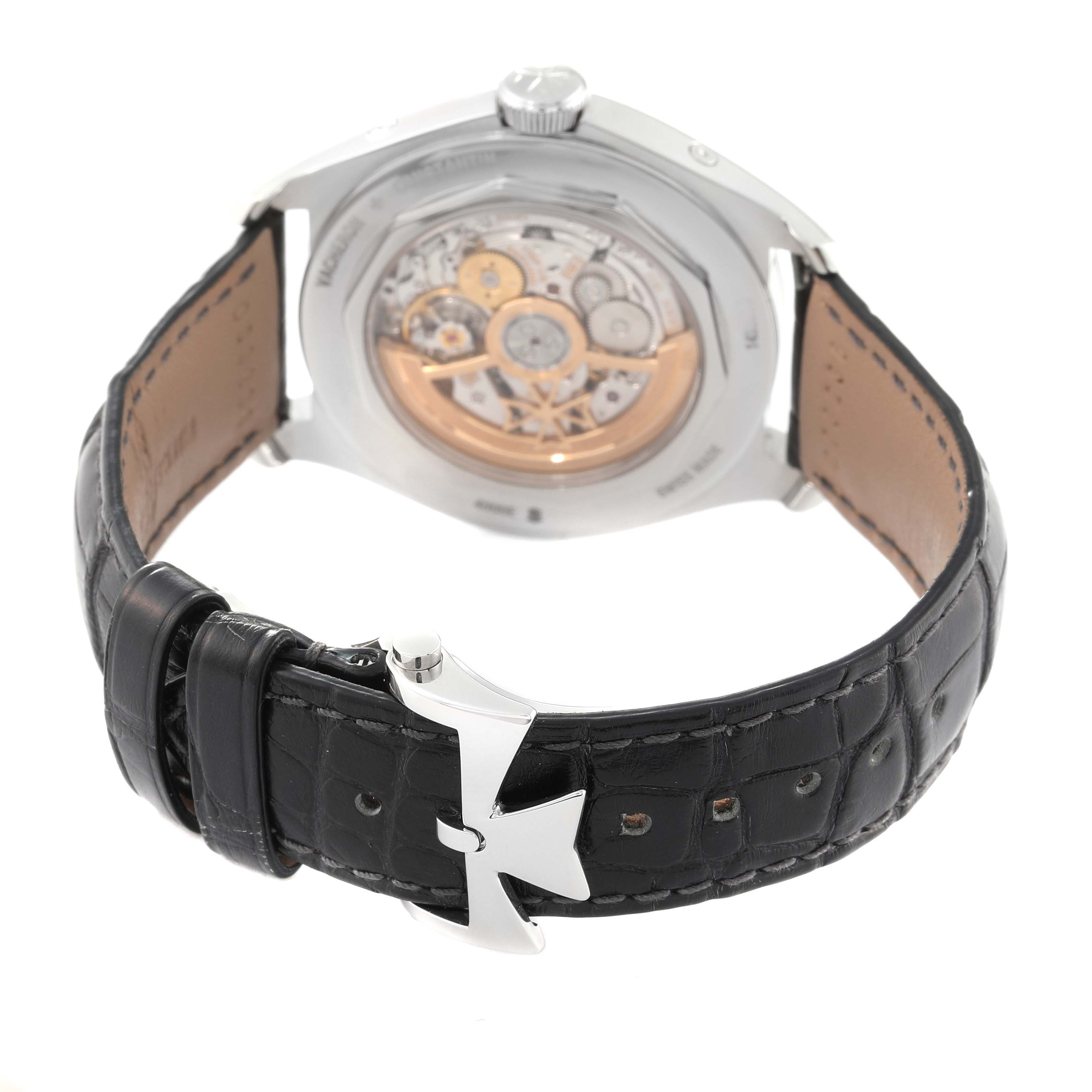 The image shows the back view of a Vacheron Constantin Fiftysix 4000E/000A-B439 Men's Stainless Steel Silver Dial 4000E/000A-B439 Men's Stainless Steel Silver Dial watch, highlighting its strap and mechanism.