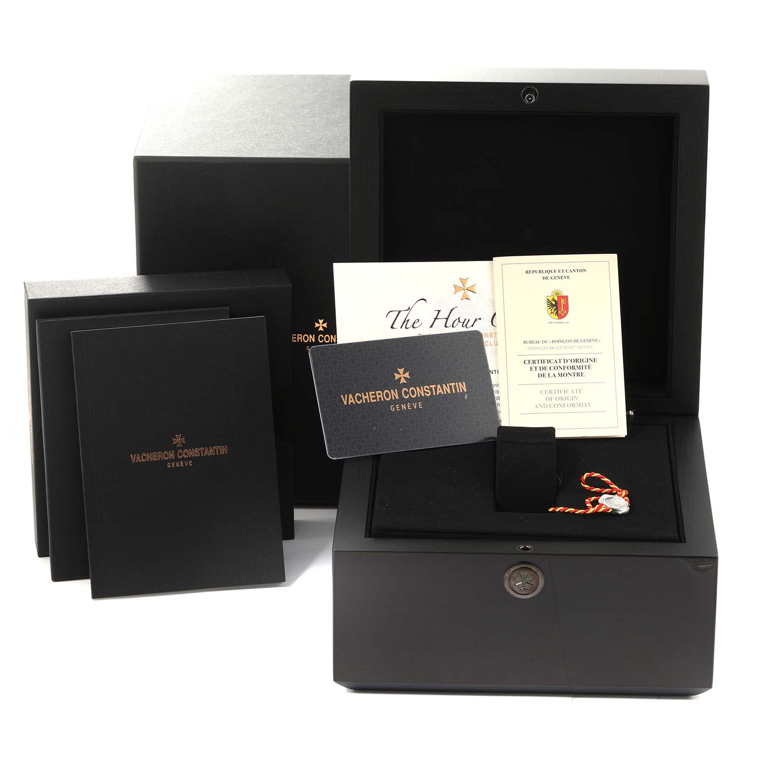 The image shows the Vacheron Constantin Fiftysix 4000E/000A-B439 Men's Stainless Steel Silver Dial 4000E/000A-B439 Men's Stainless Steel Silver Dial model's box, manuals, and certificates from a front angle.