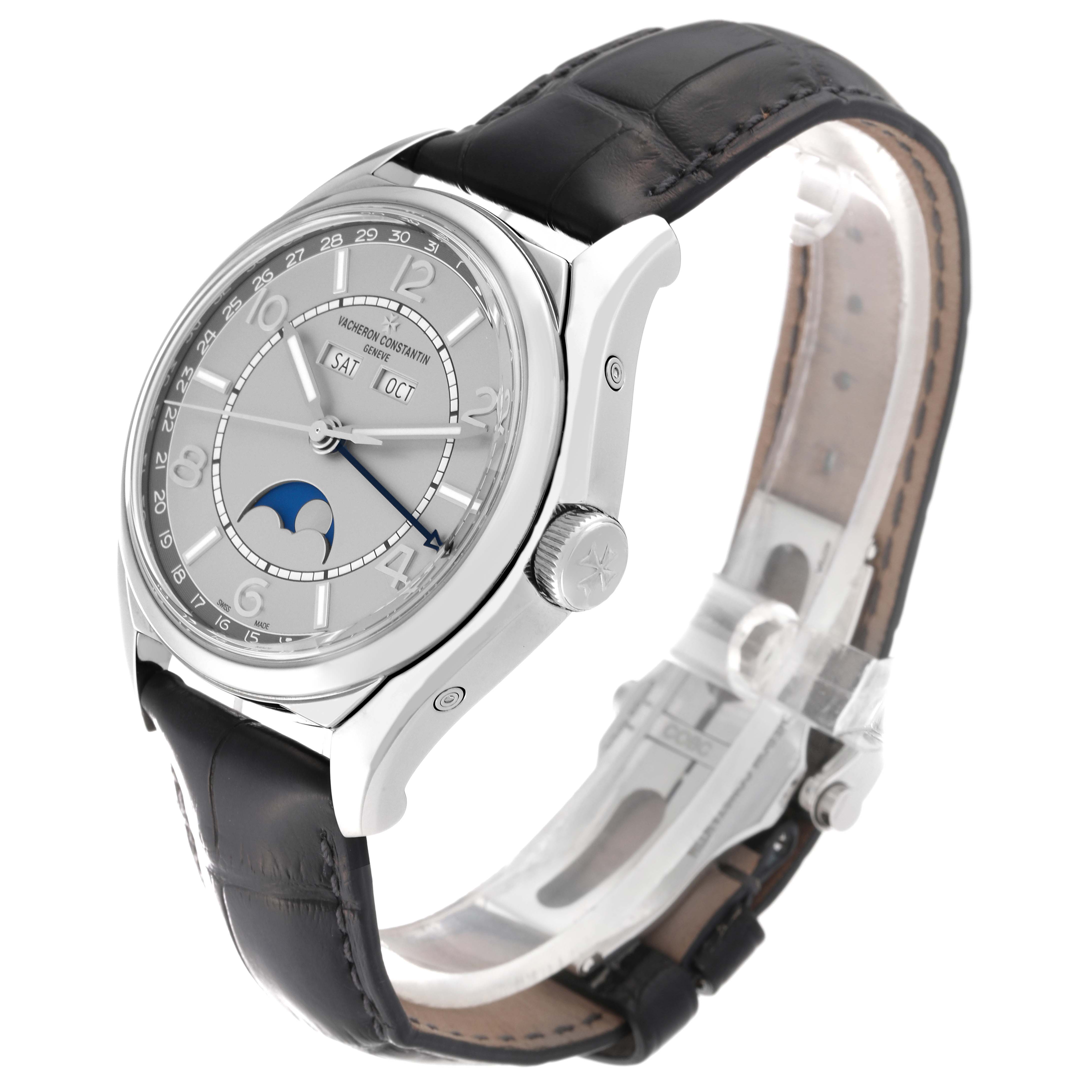 This image shows a Vacheron Constantin Fiftysix 4000E/000A-B439 Men's Stainless Steel Silver Dial 4000E/000A-B439 Men's Stainless Steel Silver Dial watch at a slight angle, highlighting the dial, crown, and black leather strap.