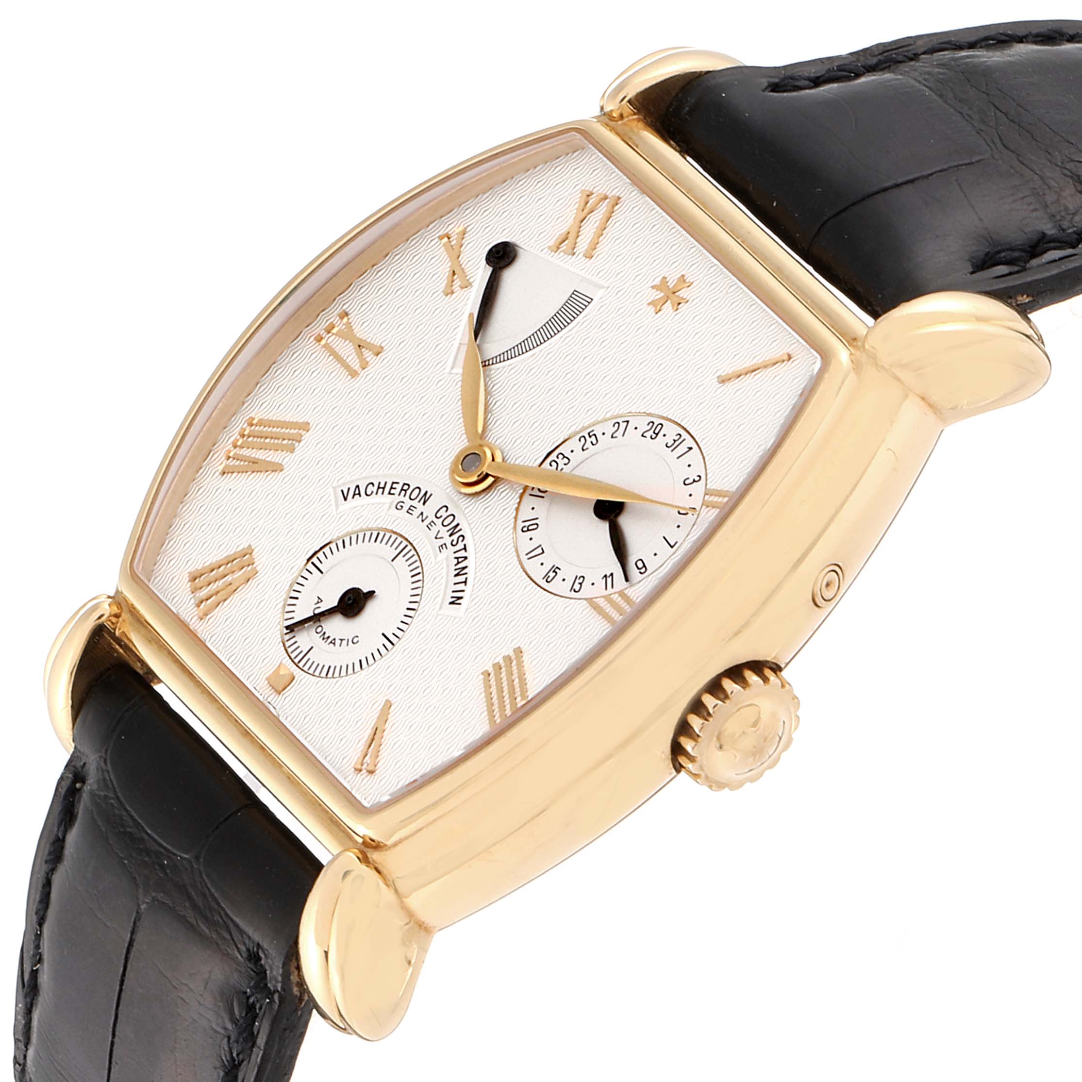 This image shows a Vacheron Constantin Vintage 47240 Men's Yellow Gold Silver Dial 47240 Men's Yellow Gold Silver Dial model watch at an angled view, highlighting its dial, crown, and leather strap.