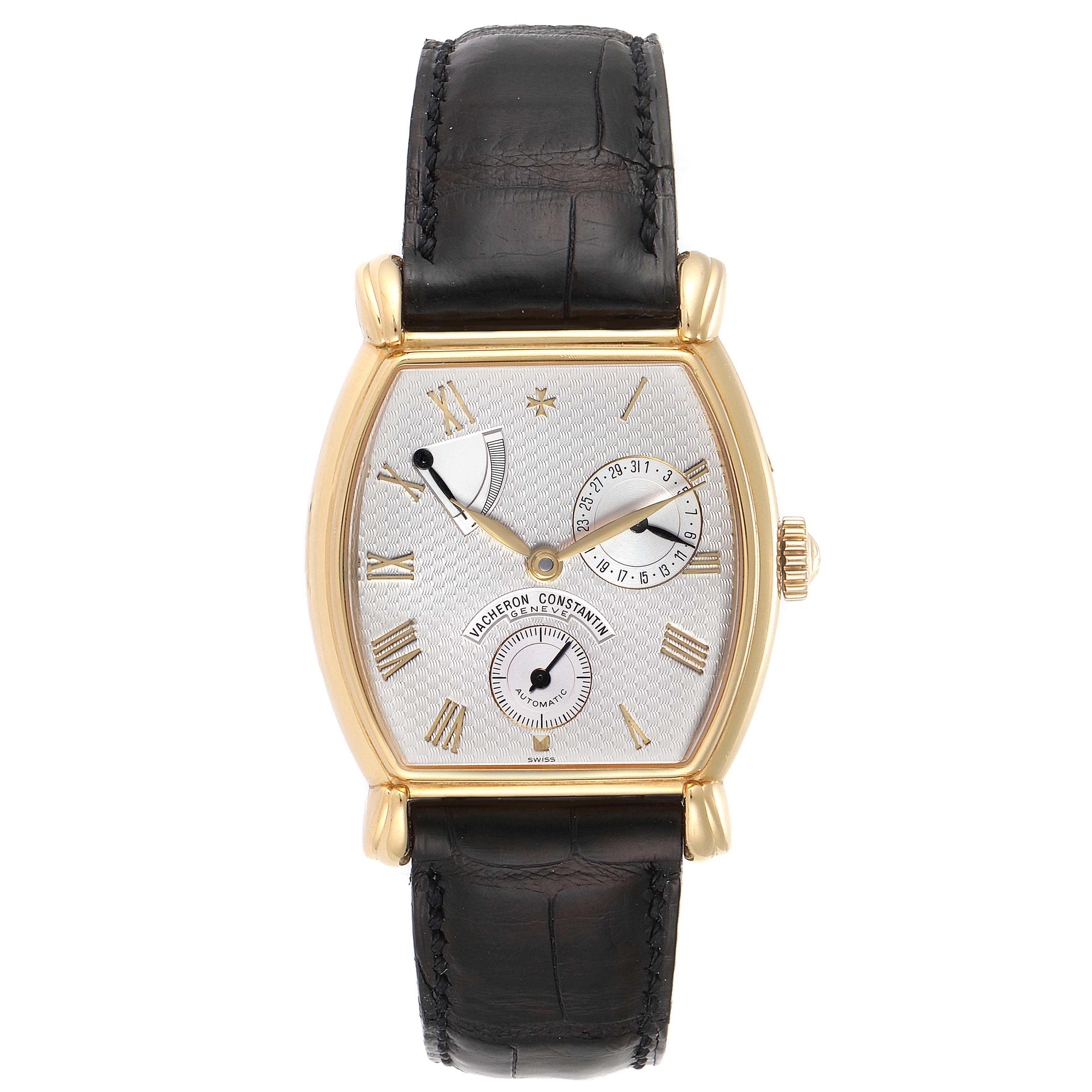 The image shows a front view of a Vacheron Constantin Vintage 47240 Men's Yellow Gold Silver Dial 47240 Men's Yellow Gold Silver Dial model watch with a gold case and black leather strap.
