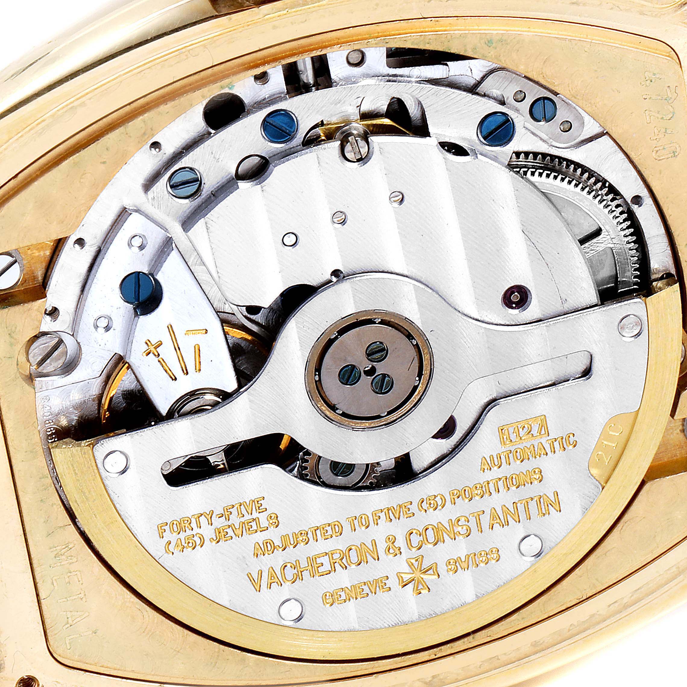 This image shows the intricate automatic movement of a Vintage Vacheron Constantin watch from a top-down angle.