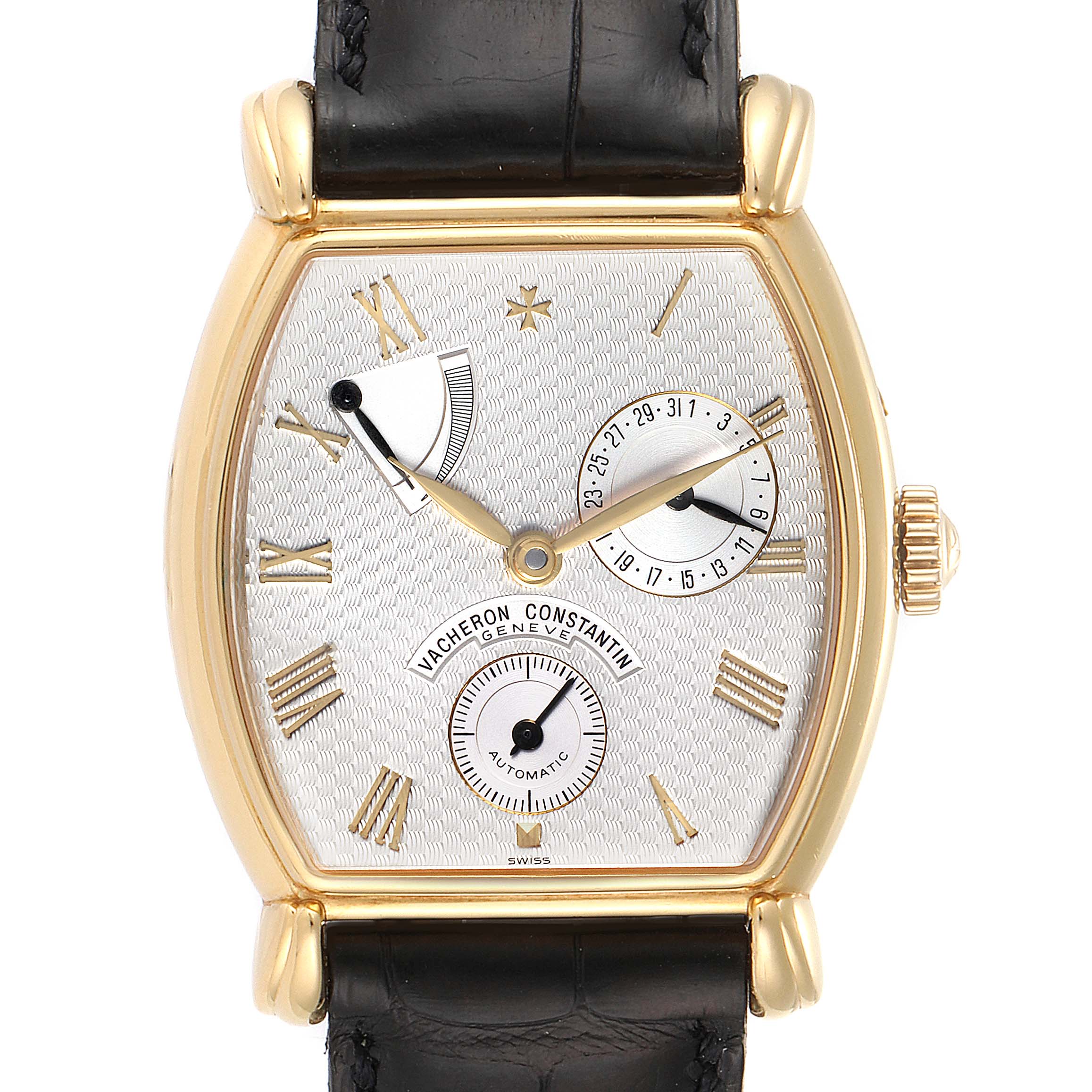The image shows a front view of a Vacheron Constantin Vintage 47240 Men's Yellow Gold Silver Dial 47240 Men's Yellow Gold Silver Dial watch, highlighting its dial, hands, and leather strap.