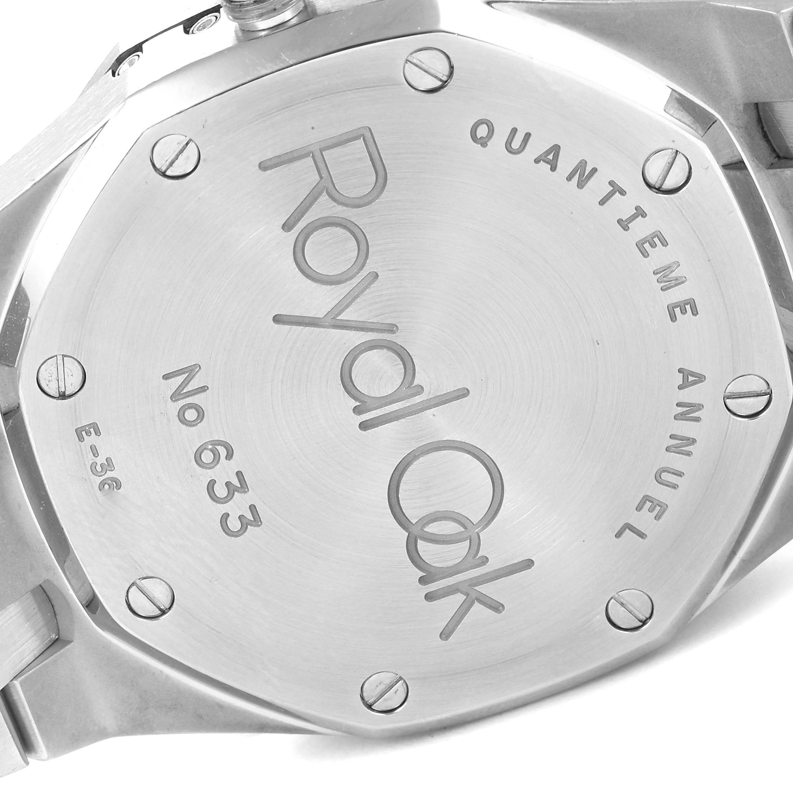 This image shows the case back of the Audemars Piguet Royal Oak 25920ST.0.0789ST.02 Men's Stainless Steel Blue Dial 25920ST.0.0789ST.02 Men's Stainless Steel Blue Dial watch, featuring engravings and screws.