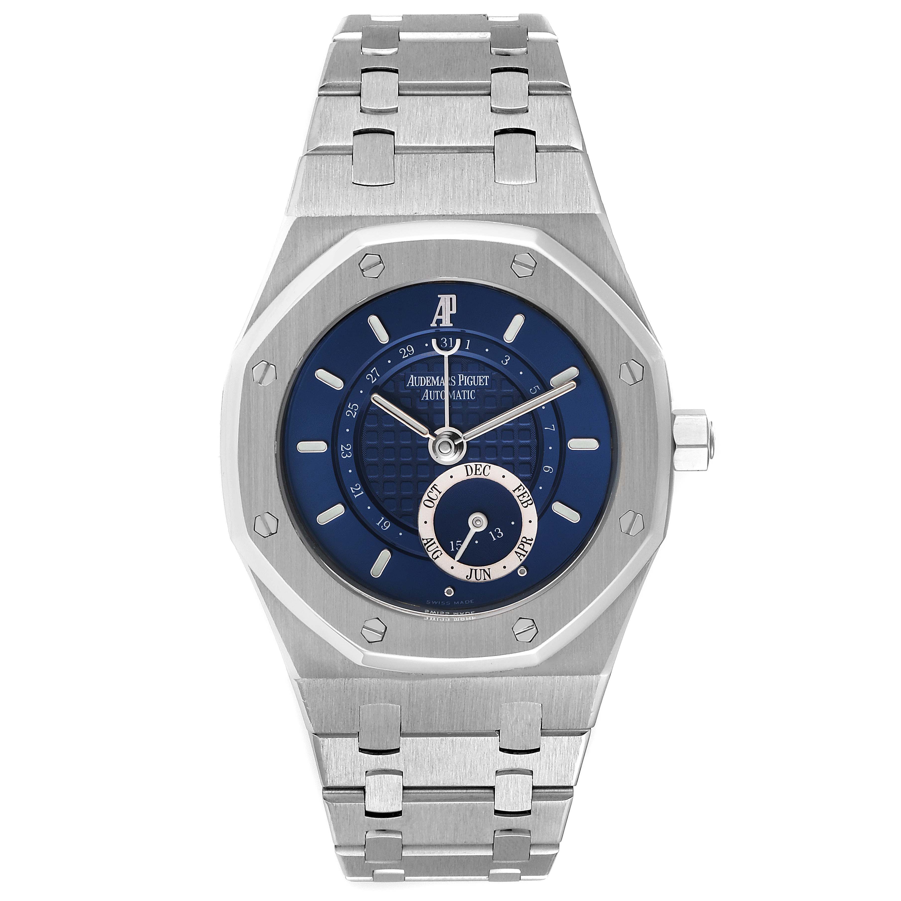 The image shows a front view of the Audemars Piguet Royal Oak 25920ST.0.0789ST.02 Men's Stainless Steel Blue Dial 25920ST.0.0789ST.02 Men's Stainless Steel Blue Dial watch, highlighting its dial, bezel, and bracelet.
