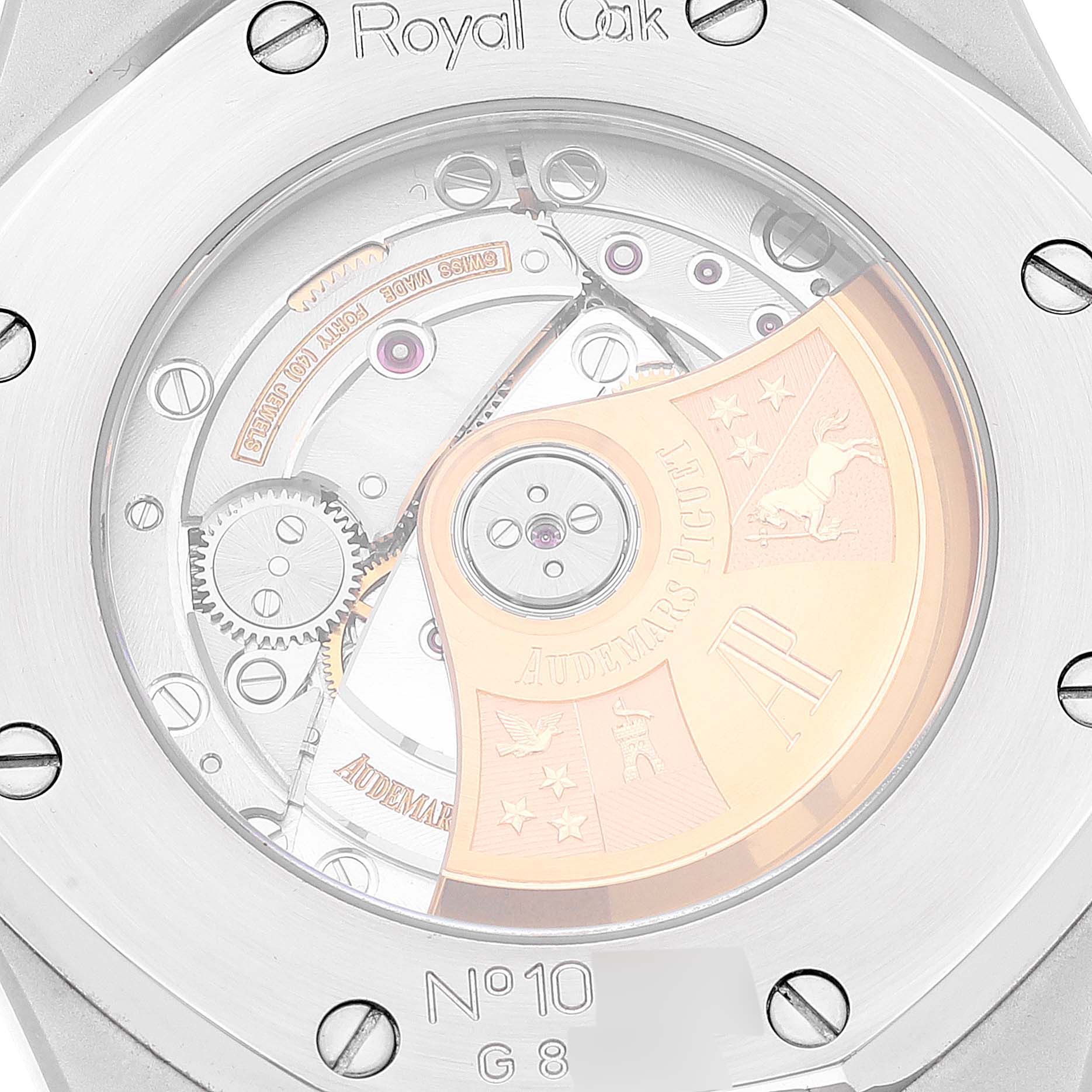 This image shows the back of an Audemars Piguet Royal Oak 15300ST.OO.1220ST.03 Men's Stainless Steel Black Dial 15300ST.OO.1220ST.03 Men's Stainless Steel Black Dial watch, highlighting its intricate movement and rotor.