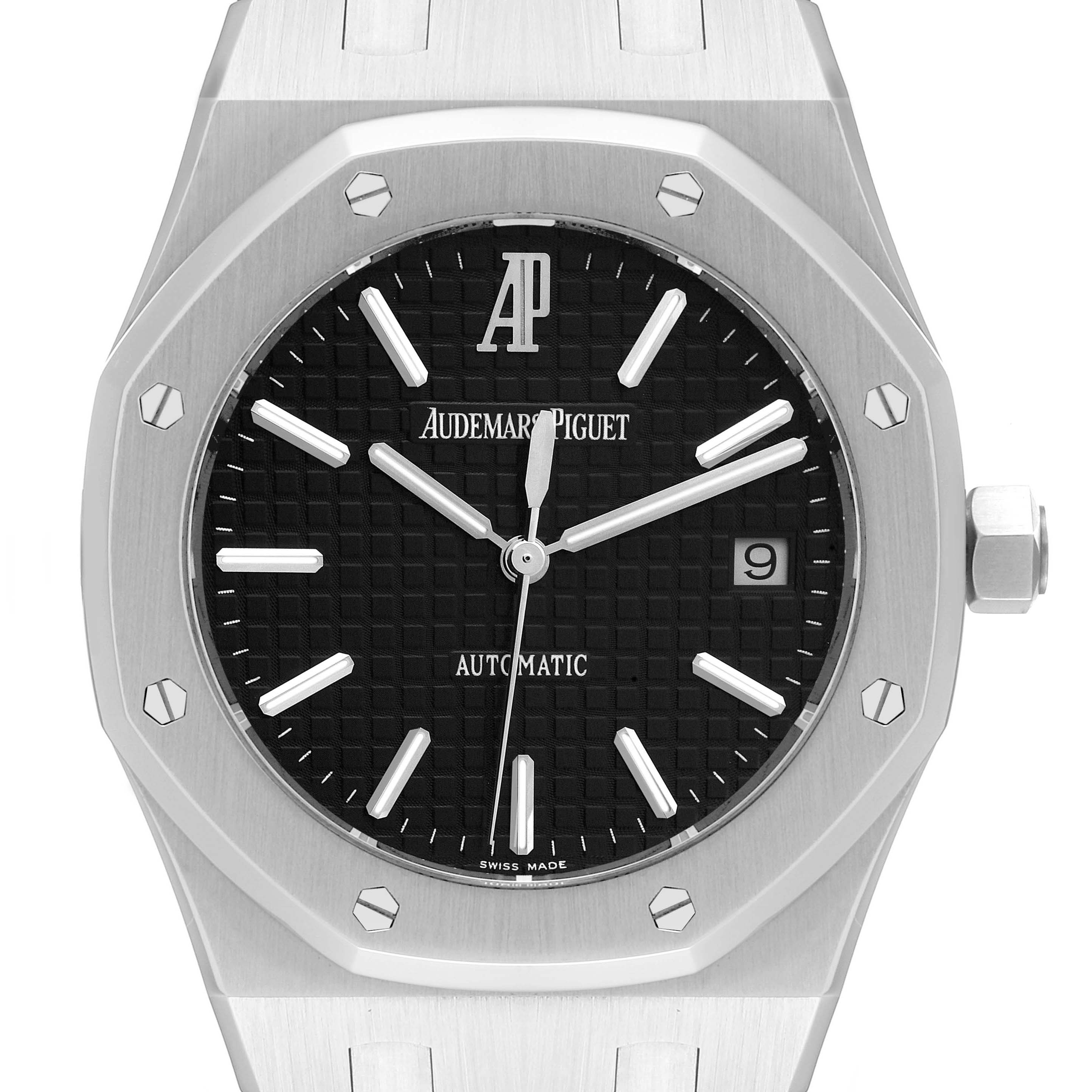 The image shows a front view of the Audemars Piguet Royal Oak 15300ST.OO.1220ST.03 Men's Stainless Steel Black Dial 15300ST.OO.1220ST.03 Men's Stainless Steel Black Dial watch, displaying its black dial, octagonal bezel, and date window.