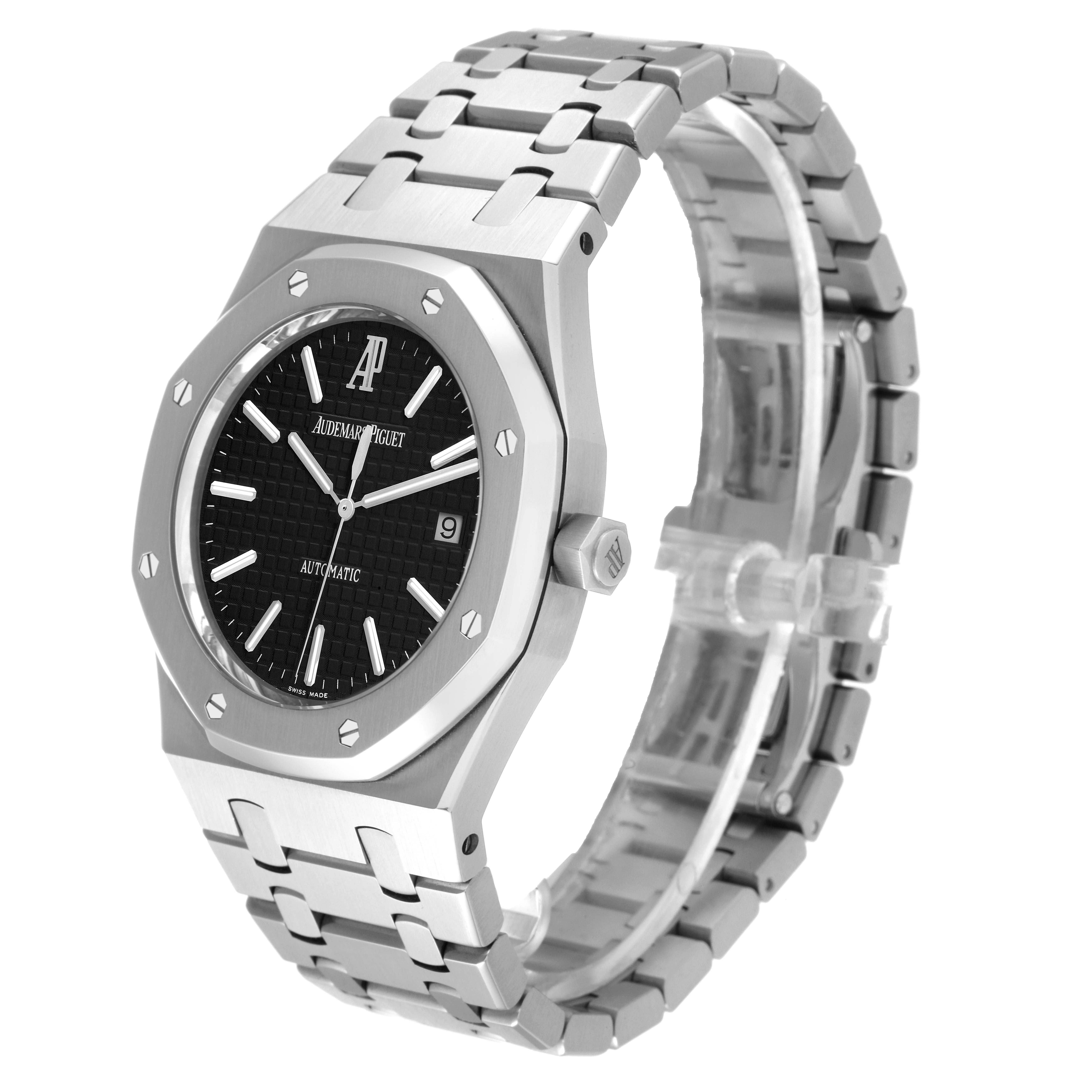 The image shows a side view of the Audemars Piguet Royal Oak 15300ST.OO.1220ST.03 Men's Stainless Steel Black Dial 15300ST.OO.1220ST.03 Men's Stainless Steel Black Dial watch, highlighting its dial, bezel, and bracelet.