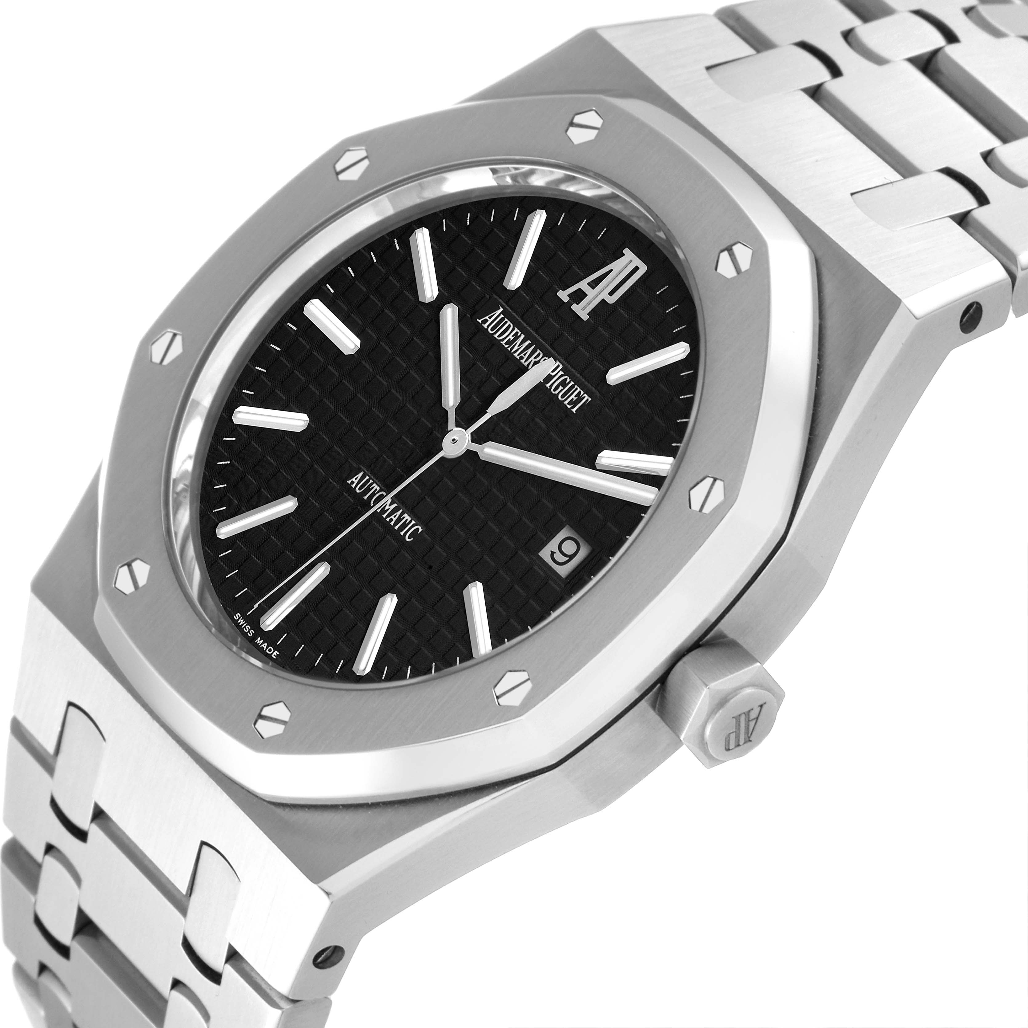 This image shows the Audemars Piguet Royal Oak 15300ST.OO.1220ST.03 Men's Stainless Steel Black Dial 15300ST.OO.1220ST.03 Men's Stainless Steel Black Dial watch at a slight angle, focusing on the face, bezel, and part of the bracelet.