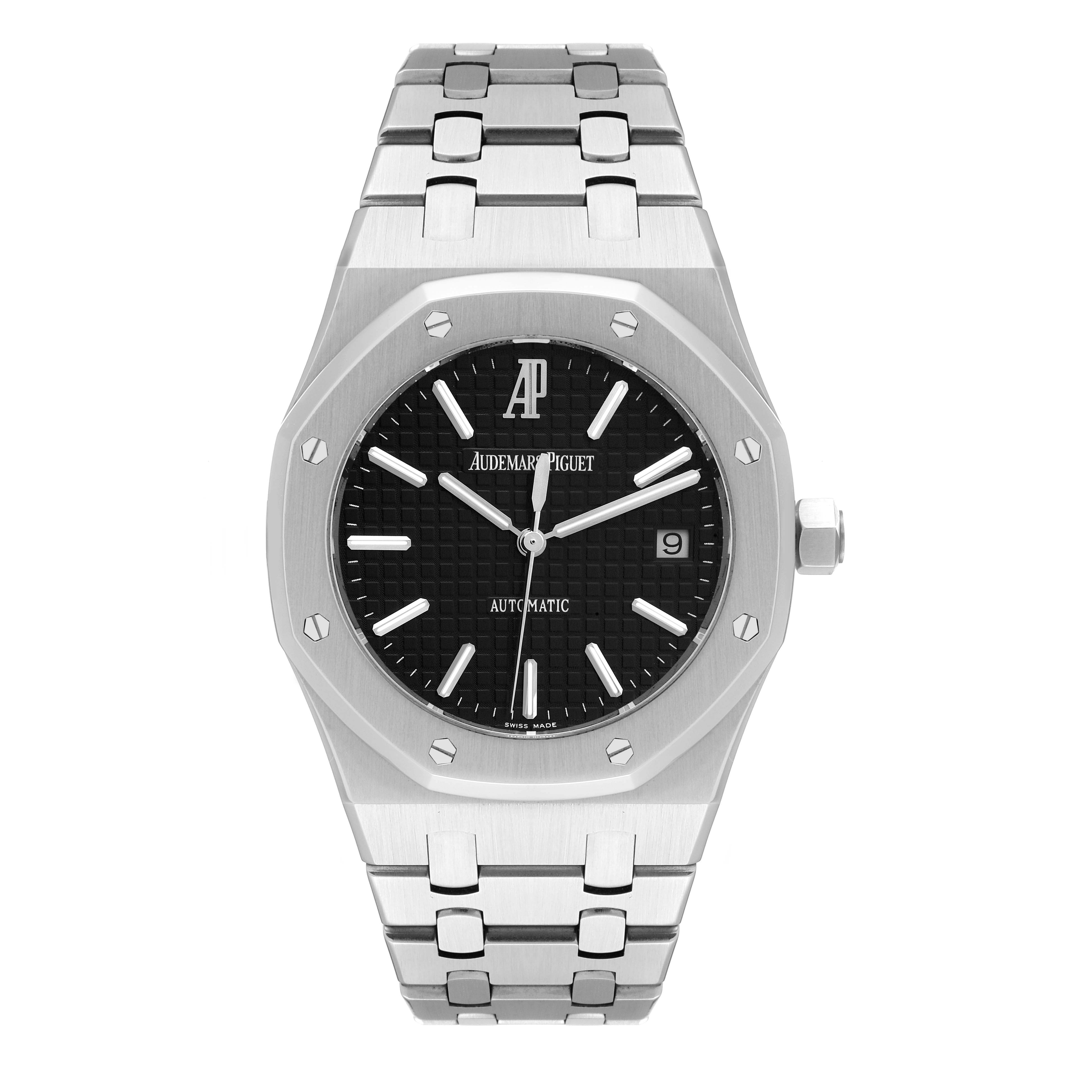 This Audemars Piguet Royal Oak 15300ST.OO.1220ST.03 Men's Stainless Steel Black Dial 15300ST.OO.1220ST.03 Men's Stainless Steel Black Dial watch is shown from the front, displaying its face, bezel, and bracelet.