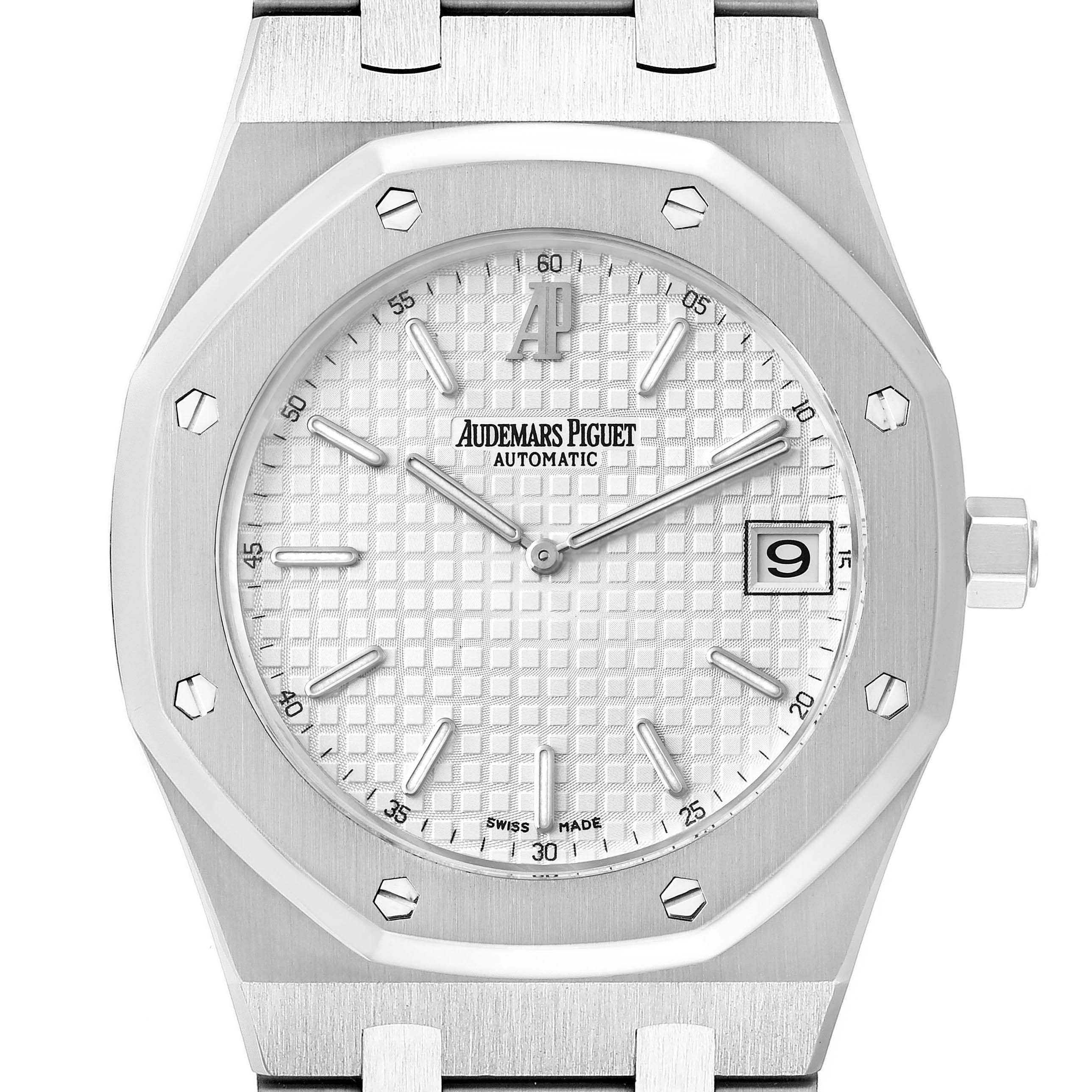 The image shows a front view of an Audemars Piguet Royal Oak 15202ST.OO.0944ST.01 Men's Stainless Steel Silver Dial 15202ST.OO.0944ST.01 Men's Stainless Steel Silver Dial watch, highlighting its octagonal bezel, white dial, and date window.
