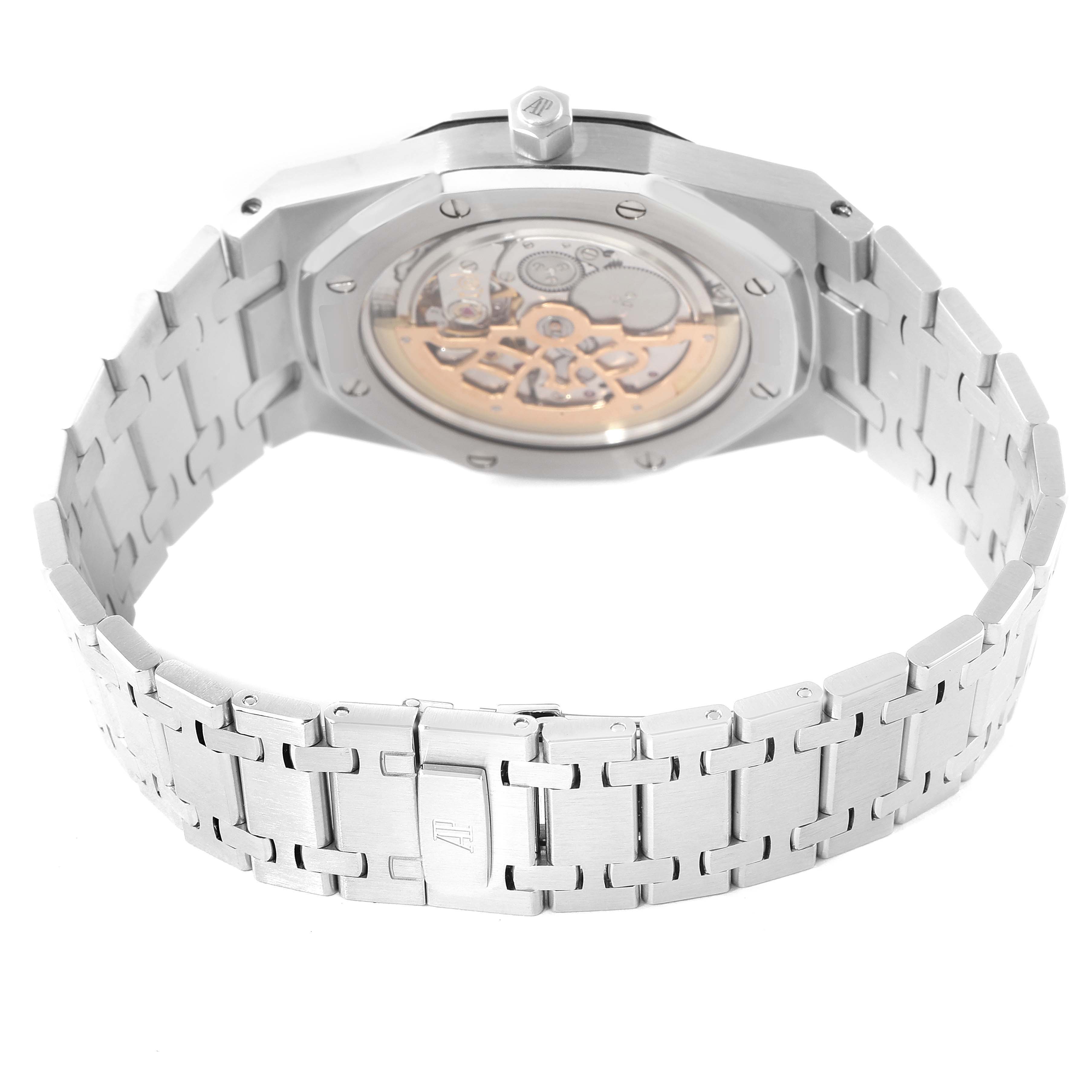 The image shows the back, bracelet, and deployment clasp of an Audemars Piguet Royal Oak 15202ST.OO.0944ST.01 Men's Stainless Steel Silver Dial 15202ST.OO.0944ST.01 Men's Stainless Steel Silver Dial watch at an angled view.