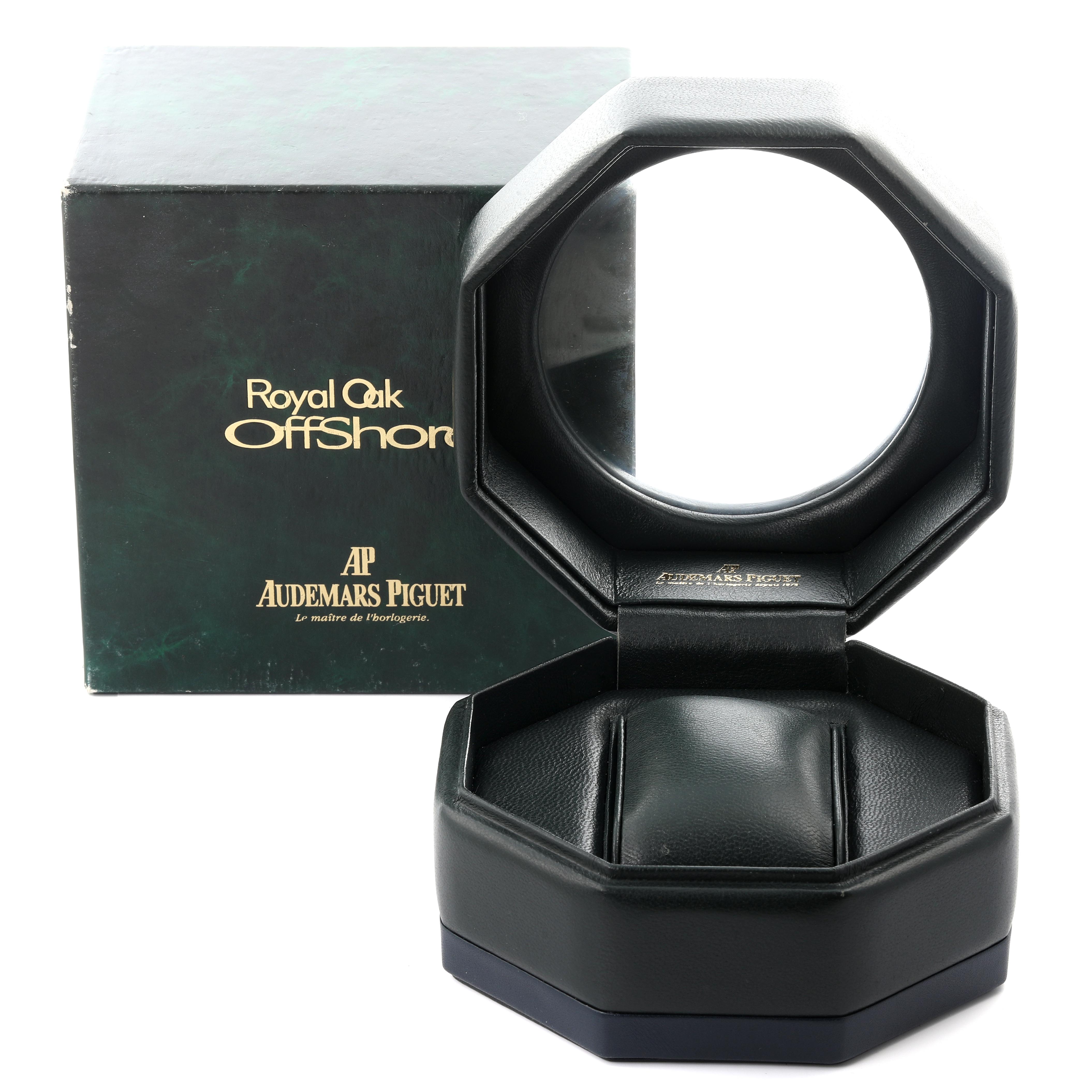 The image shows an Audemars Piguet Royal Oak 56175TR-OO-0789TR-01 Men's Steel and Gold (two tone) Black Dial 56175TR-OO-0789TR-01 Men's Steel and Gold (two tone) Black Dial watch case and box from a front angle.