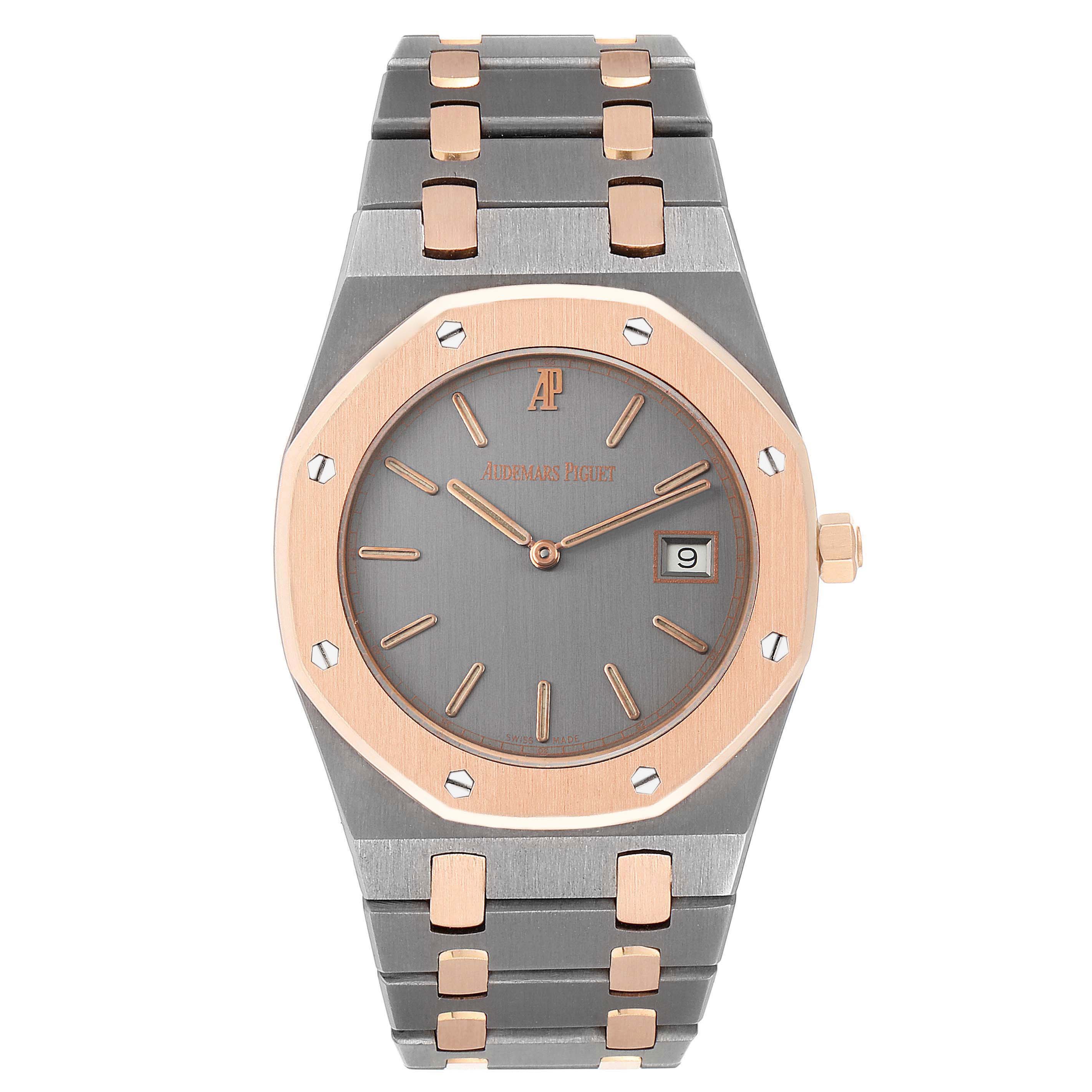 This image shows a front view of an Audemars Piguet Royal Oak 56175TR-OO-0789TR-01 Men's Steel and Gold (two tone) Black Dial 56175TR-OO-0789TR-01 Men's Steel and Gold (two tone) Black Dial model watch displaying its octagonal bezel, bracelet, and date window.