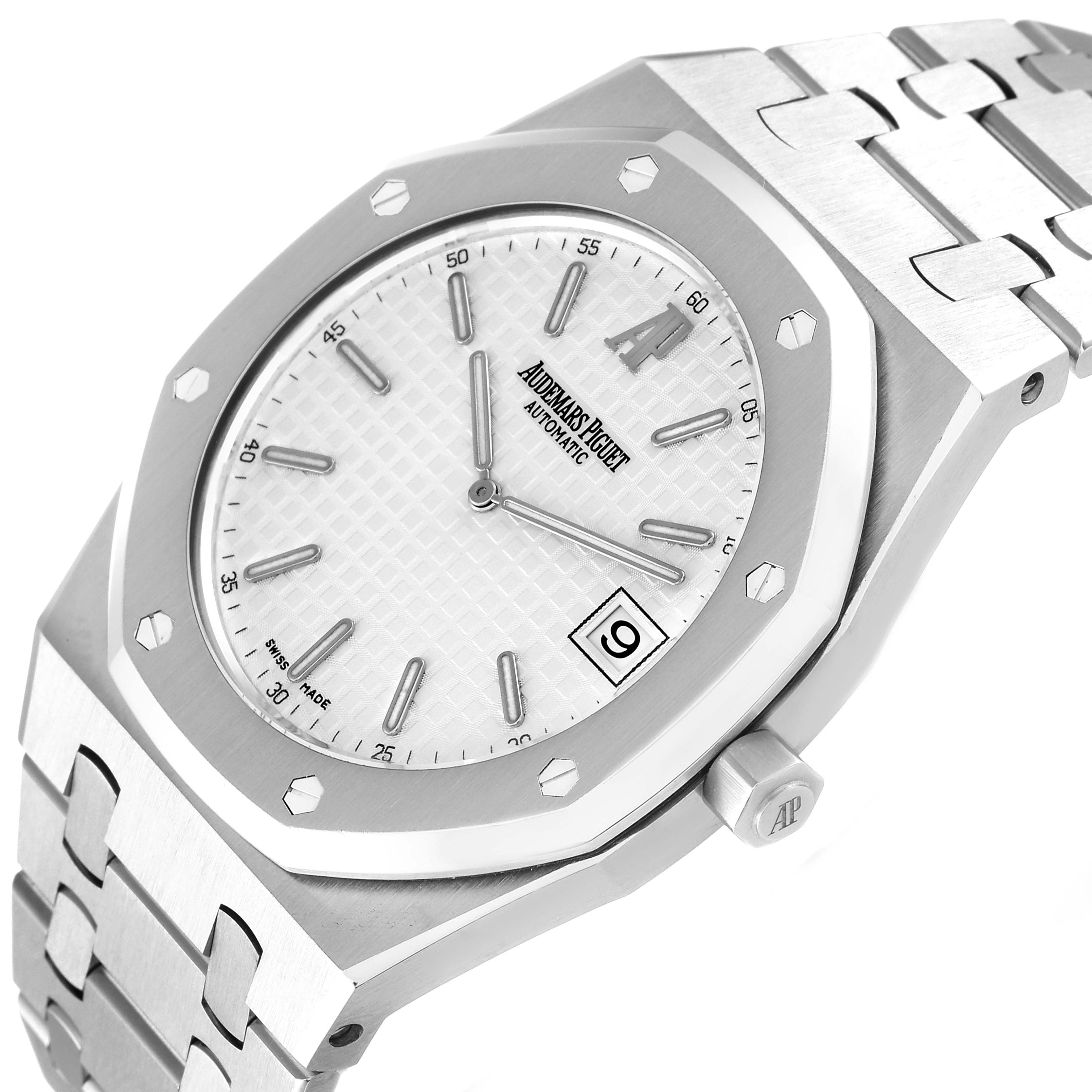 This image shows the face, bezel, and bracelet of the Audemars Piguet Royal Oak 15202ST.OO.0944ST.01 Men's Stainless Steel Silver Dial 15202ST.OO.0944ST.01 Men's Stainless Steel Silver Dial model watch, viewed from a three-quarter angle.