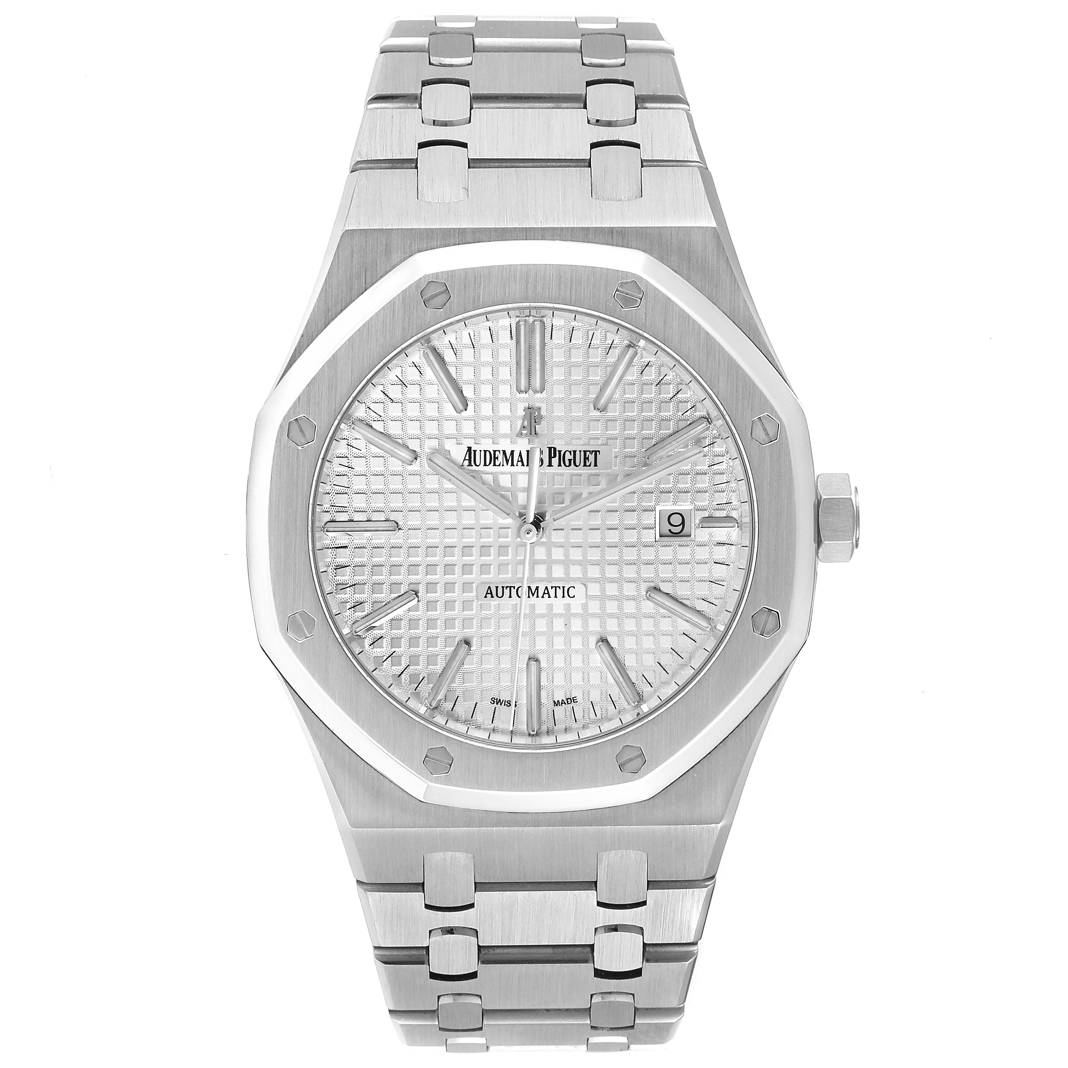 This image shows a front view of an Audemars Piguet Royal Oak 15400ST.OO.1220ST.02 Men's Stainless Steel White Dial 15400ST.OO.1220ST.02 Men's Stainless Steel White Dial watch, displaying the face, bezel, and stainless steel bracelet.