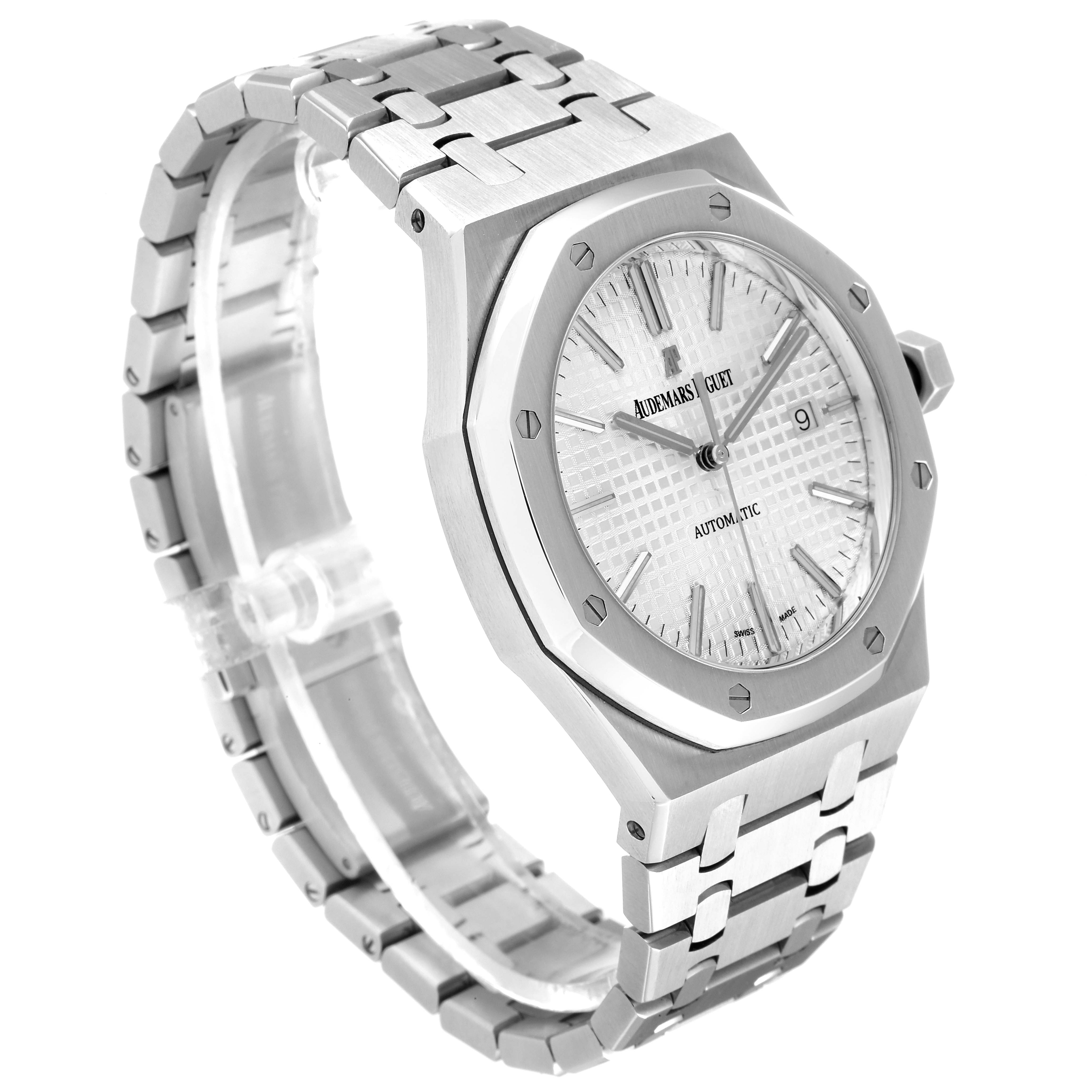 The image shows a side angle of the Audemars Piguet Royal Oak 15400ST.OO.1220ST.02 Men's Stainless Steel White Dial 15400ST.OO.1220ST.02 Men's Stainless Steel White Dial watch, highlighting the face, case, and bracelet.