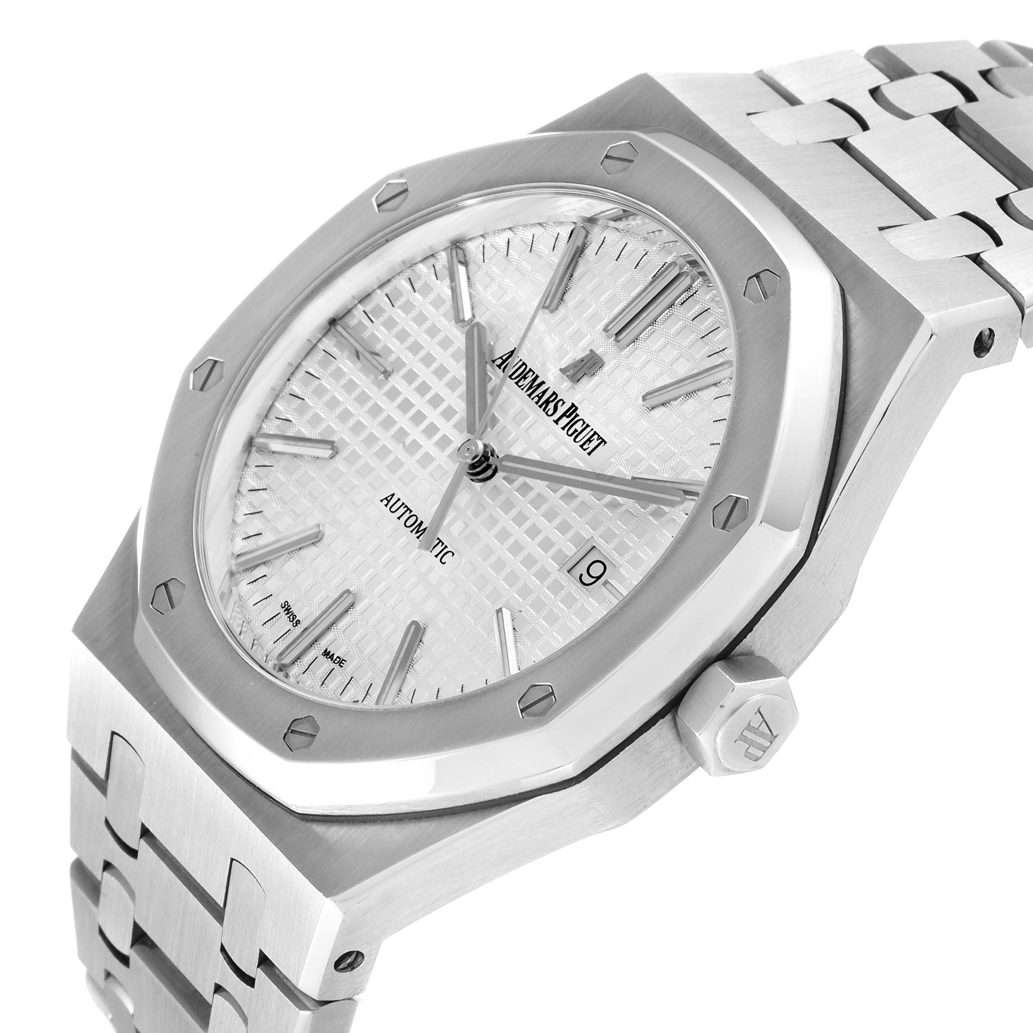 The image of the Audemars Piguet Royal Oak 15400ST.OO.1220ST.02 Men's Stainless Steel White Dial 15400ST.OO.1220ST.02 Men's Stainless Steel White Dial watch shows the face, bezel, crown, and part of the bracelet at an angled side view.