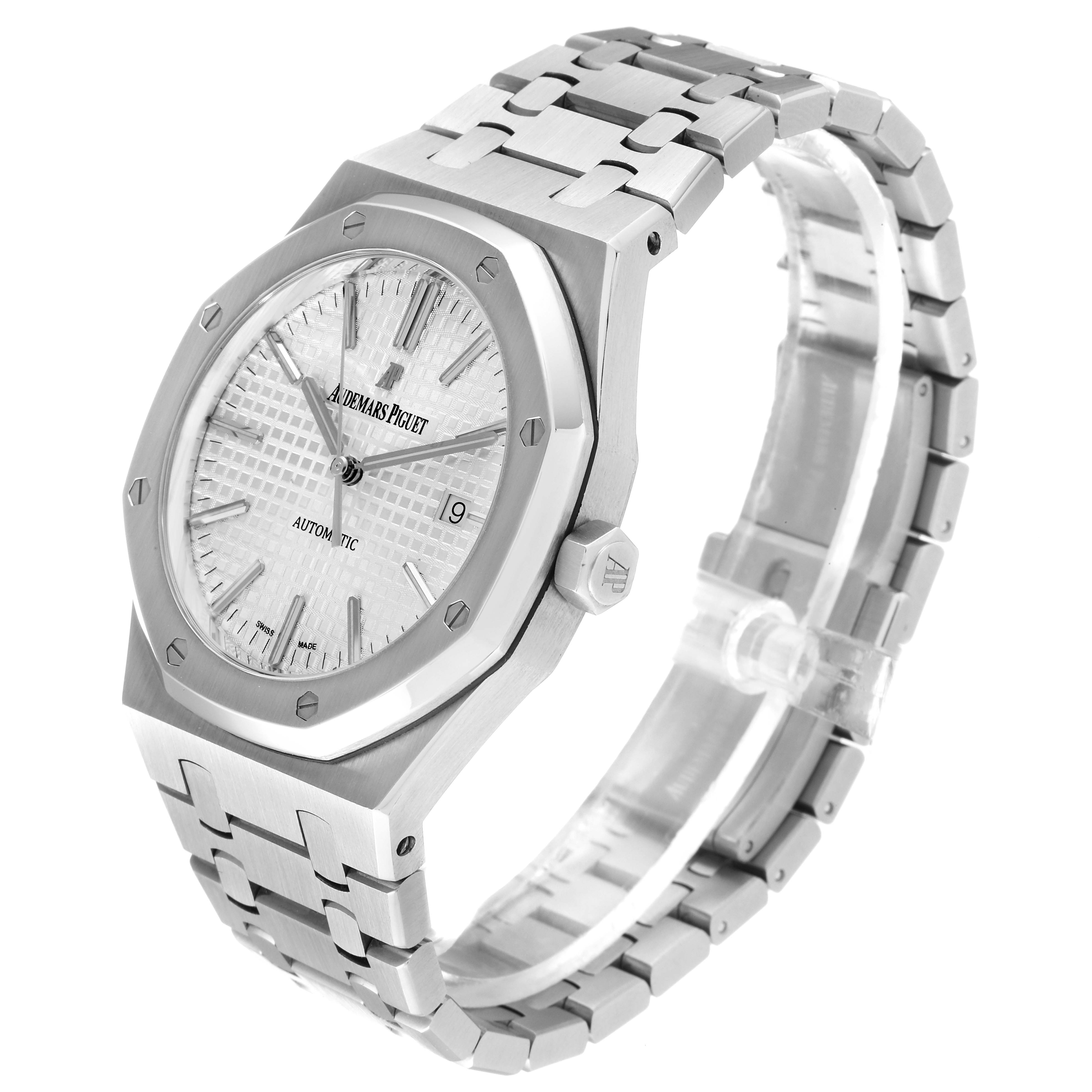The image shows a side-angle view of an Audemars Piguet Royal Oak 15400ST.OO.1220ST.02 Men's Stainless Steel White Dial 15400ST.OO.1220ST.02 Men's Stainless Steel White Dial watch, displaying its face, bezel, crown, and part of the bracelet.