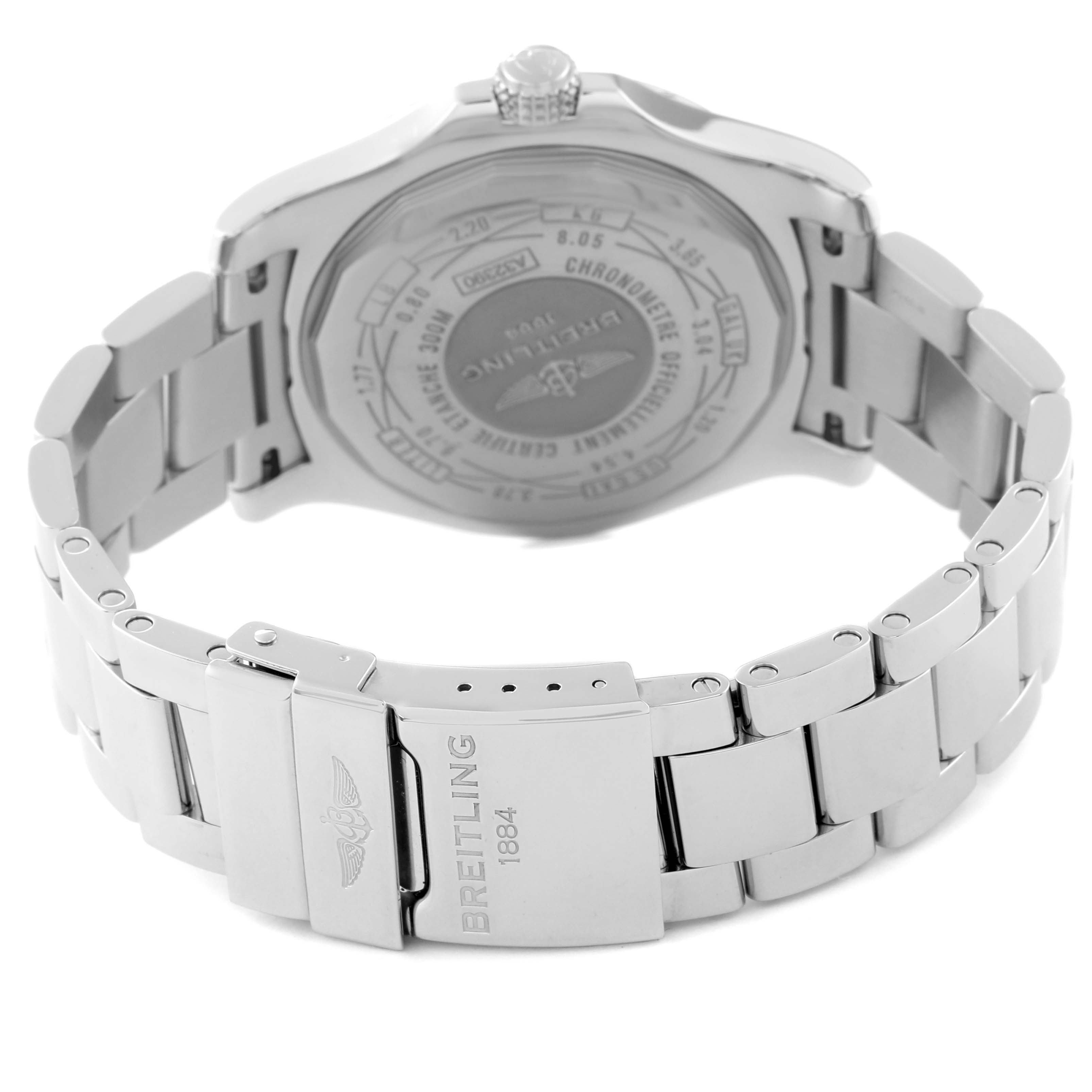 The image shows the back view of a Breitling Avenger A3239011/A809 Men's Stainless Steel Mother of Pearl Dial A3239011/A809 Men's Stainless Steel Mother of Pearl Dial watch, highlighting its clasp and stainless steel bracelet.