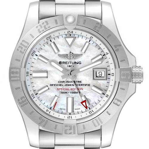 Photo of Breitling Avenger II GMT Mother of Pearl Dial Steel Mens Watch A32390 Box Card